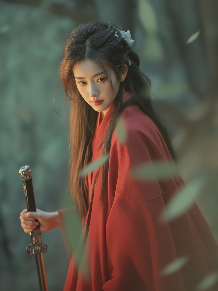 neomj,<lora:neomj古风v9_15:1>,a brunette woman wearing a red robe,holding a sword,fuzzy leaves in the foreground,