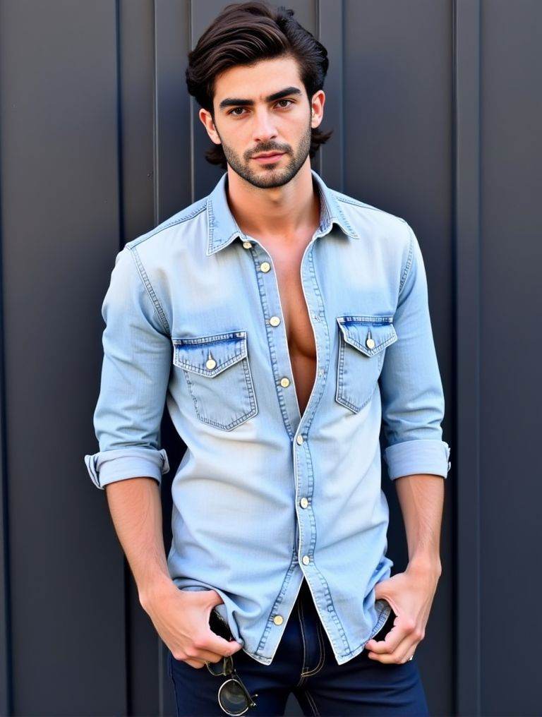 Ferran Torres ,  stands confidently in front of a dark gray wall. He wears a light denim shirt. unbuttoned at the top. rev...