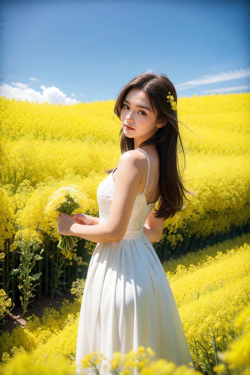 girl,(Looking towards the camera:1.1),<lora:YOUCAIHUA_20240324204540-000004:0.8>,Rapeseed flower field,Real photos,masterpieces,high-quality images,