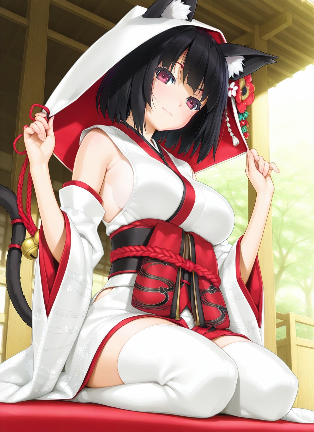 <lora:yamashiro_IL_v1.0:1>,yamashiro_(bridal_attack!)_(azur_lane),uchikake,detached sleeves,happoubi jin,smile,macro_shot,seiza,from below,, masterpiece,best quality,