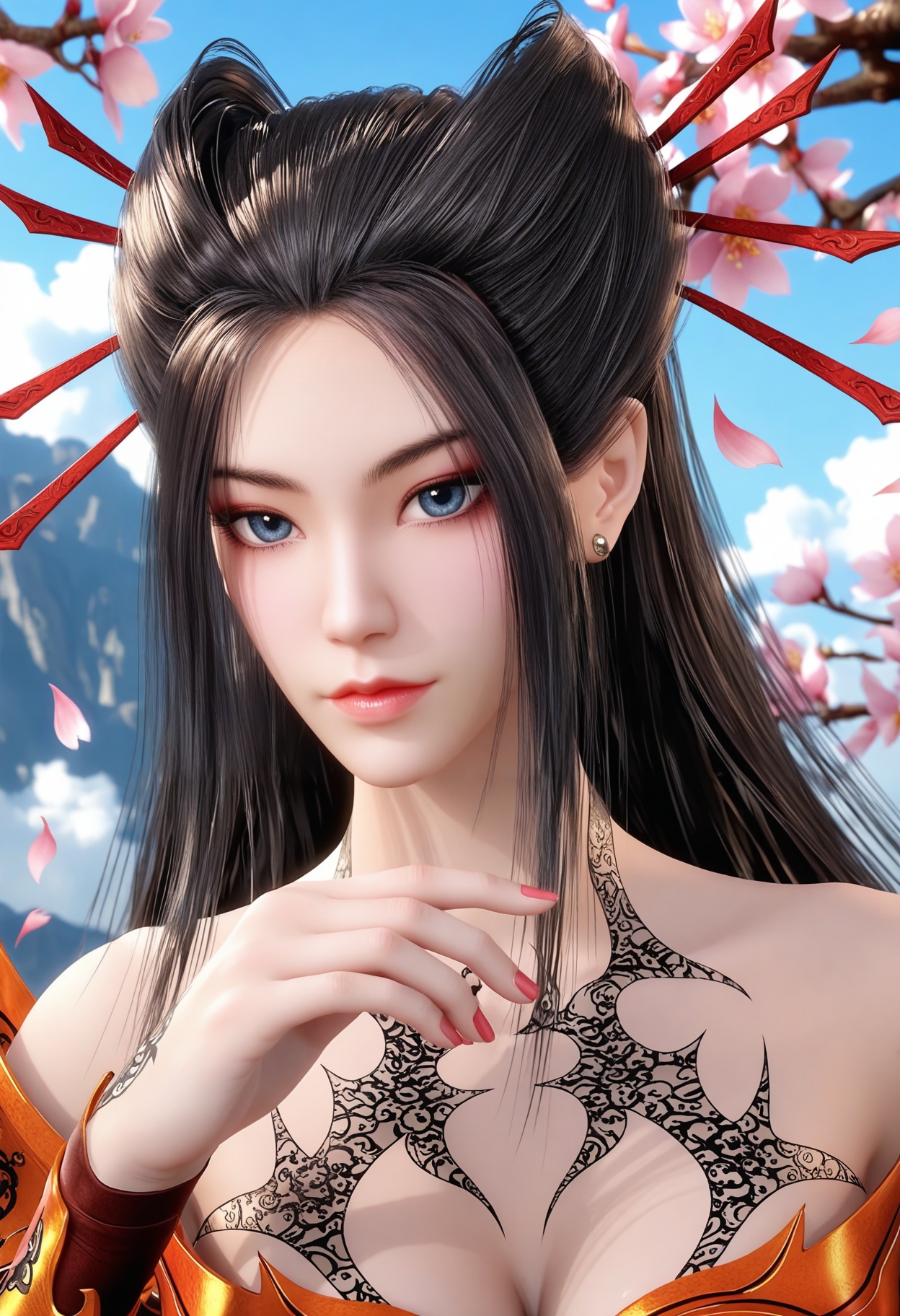 (upper_body:1.2),(looking_at_viewer:1.4),fantasy,dreamlike,Pastel Colors,hyper realistic,southeast asia,aestheticism,beautiful detailed sky,chinese mythology,wonderland,peach blossom,falling petals,smog,yunxia,<lora:YQ_li光辉v5_焰灵姬_V2:0.8>,1girl,solo,q1528437228black_hair,long_hair,tattoo,hair_ornament,bare_shoulders,breasts,dress,blue_eyes,armor,cleavage,hair_bun,realistic,nail_polish,red_lips,black_eyes,hair_stick,brown_hair,red_dress,jewelry,earrings,