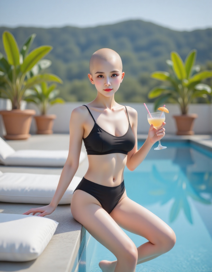 pl,pl,guangtou,1 women,close-up,The clear blue water of the swimming pool reflects the clear sky above. A woman with a slender yet shapely body is wearing a sleek, black bikini. The bikini features a low - cut top that showcases her cleavage, and high - cut bottoms that elongate her legs. She is sitting on the side of the pool, her feet dangling in the water. In her hand, she holds a refreshing cocktail with a colorful umbrella - shaped stirrer. Around the pool, there are comfortable lounge chairs with white cushions, and some potted tropical plants add a touch of greenery to the scene, creating a luxurious and relaxing environment.