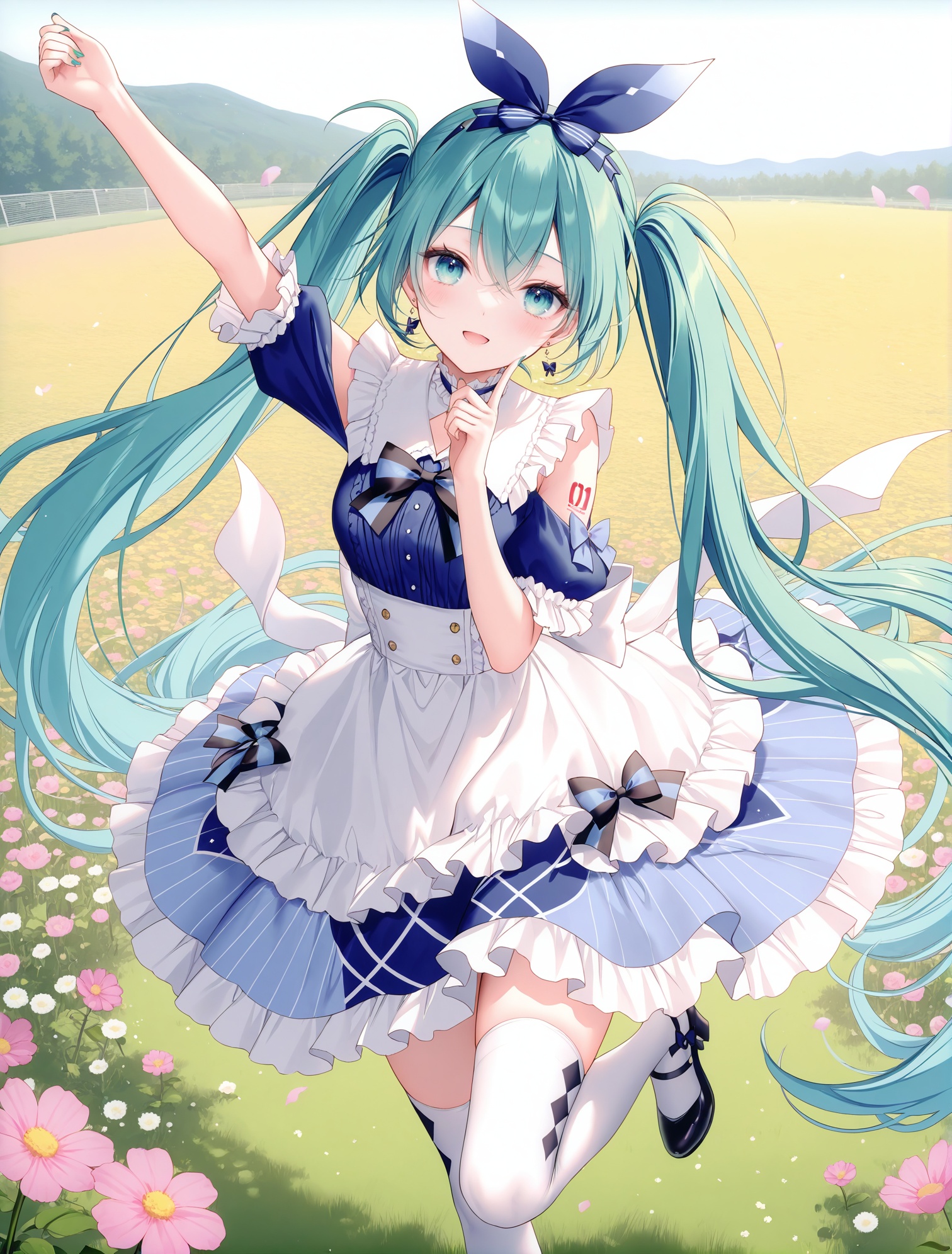 masterpiece, best quality, newest, absurdres, highres,(toosaka asagi: 0.5),(hiten \(hitenkei\):0.4),(rimuu:0.5),(mignon:0.5),(sheya:0.6),light smile,open mouth, 1girl,hatsune miku,   frilled dress, aquawonder, two-tone dress,blue dress, print thighhighs, white thighhighs, finger to face, outdoors,Flower field,standing on one leg,arm up,<lora:aquawonderXLNAI:1>