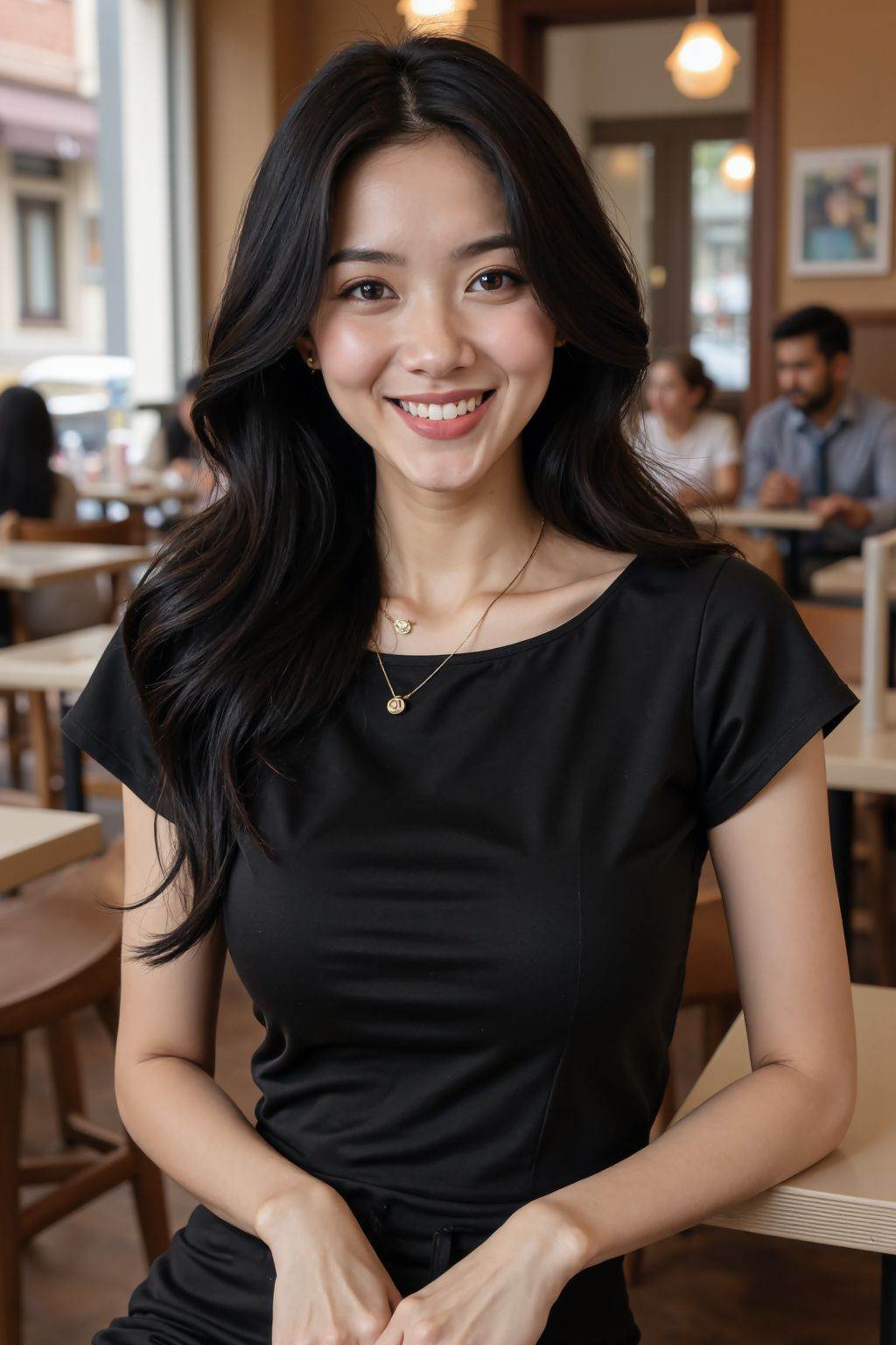 This is a  beautiful photograph of a woman, black hair cascading over her shoulders. She is wearing a boatneck dress, Standing in a cafe. Looking at the viewer. Smile.