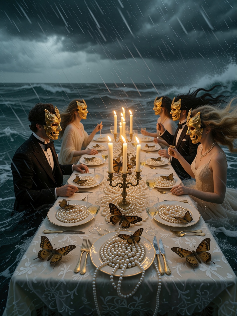 A luxurious dinner table floating in the middle of a stormy ocean,  guests wearing golden masks,  candles burning despite...