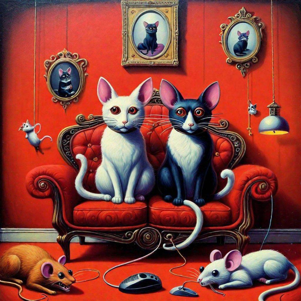 cat dog mouse sitting room. a couple sitting on a red sofa. surreal on Tensor.Art