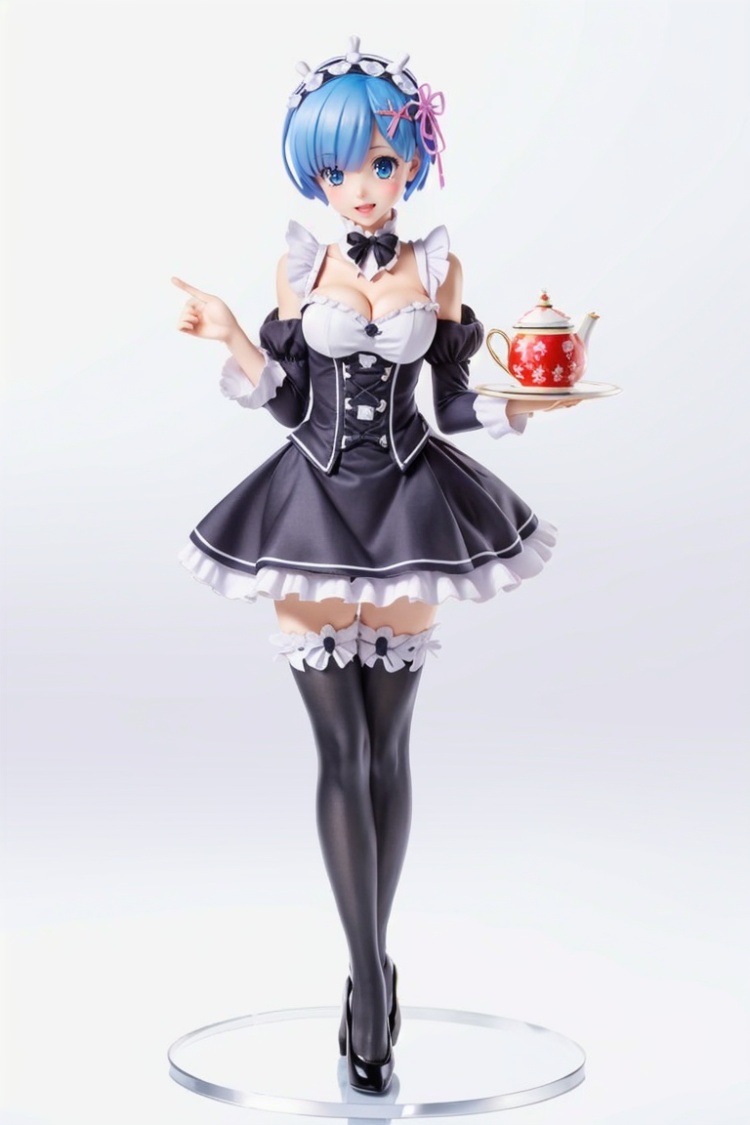 ((HRD, HUD, 8K)),((masterpiece, best quality)), highly detailed,Handmade, 1girl, solo, roswaal mansion maid uniform, blue hair, blue eyes, rem (re:zero), maid, short hair, thighhighs, detached sleeves, open mouth, tray, hair over one eye, ribbon, teapot, smile, cup, white thighhighs, apron, breasts, looking at viewer, frills, ribbon trim, teacup, maid headdress, hair ornament, full body, hair ribbon, cleavage, x hair ornament, medium breasts, white background,  <lora:20240316-1710599536818:0.8>