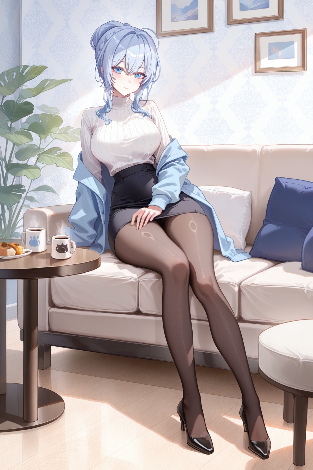 best quality,amazing quality,very aesthetic,absurdres,best quality,amazing quality,very aesthetic,absurdres,{{{{shiny skin}}}},{{{{oiled}}}},detail eyes,wallpaper,artist:aibek,artist:gwan-e,artist:kein_v,artist:liaowen,artist:sea_nami,artist:tansuan_(ensj3875),artist:ask_(askzy),artist:ciloranko,year 2023 BREAKcurvy,(narrow waist:1.1),<lora:Mifuyu Yukino:0.8>, -Mifuyu Yukino, 1girl, pantyhose, solo, high heels, skirt, sitting, cup, blue hair, couch, black footwear, indoors, black skirt, shirt, black pantyhose, white shirt, mug, hair bun, pillow, virtual youtuber, table, looking at viewer, single hair bun, jacket, coffee mug, pencil skirt, food