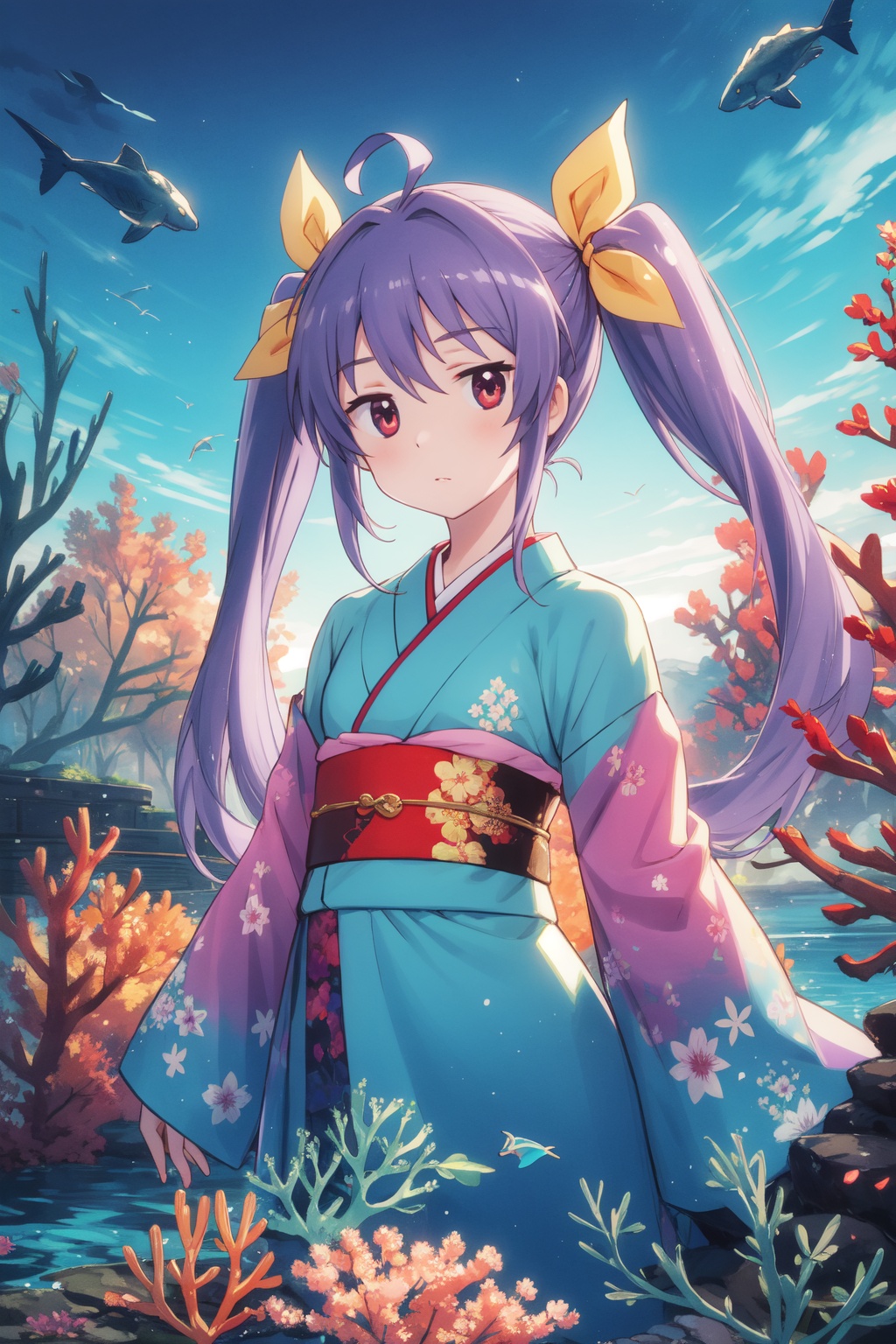 <lora:Renge-000003:0.8>,Renge CYQL,1girl,looking at viewer,solo,twintails,purple hair,long hair,antenna hair,hair ribbon,red eyes,loli,Kimono-sleeve midi dress in a vibrant color,Seductive, A sultry gaze, a slightly parted lips, and a hint of a smile.,panorama,beautiful face,beautiful eyes,glossy skin,shiny skin,Coral, Reef, Fish, Seaweed, Colorful, Underwater, Diversity, Serenity,(Meadow flowers, Butterflies, Wildflower carpet, Springtime blooms, English landscape, Meadow breeze:0.6),beautiful detailed sky,beautiful detailed glow,masterpiece,best quality,beautiful and aesthetic,wallpaper,