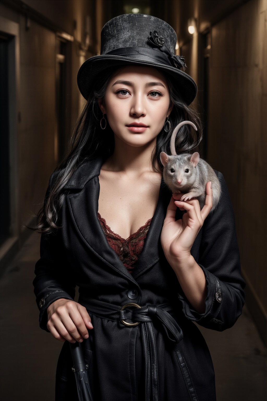 An elderly woman wearing a long, tattered black coat and an old-fashioned top hat. She holds a black, slightly broken umbrella in one hand, while a small gray rat sits perched on her right shoulder, its tail curling down her back. The woman's face is wrinkled and mischievous, with narrow eyes and a sharp nose. Her posture is slightly hunched, and her hands are thin and bony. The setting is a dark, narrow alleyway at night, with dim streetlights casting long shadows. The atmosphere is eerie and mysterious, with a hint of mischievousness in the air