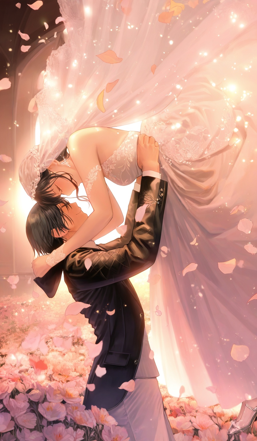 <lora:鵜飼沙樹-Style-000060:1>,highres,absurdres,newest,very awa,masterpiece,best quality,year 2024,(upper body:1.6),1girl, 1boy, dress, black hair, wedding dress, white dress, pants, petals, hetero, veil, couple, flower, short hair, looking at another, long hair, shoes, jacket, bridal veil, closed eyes, hood, jewelry, black jacket, smile, lifting person, white pants, standing, profile, bare shoulders, backlighting