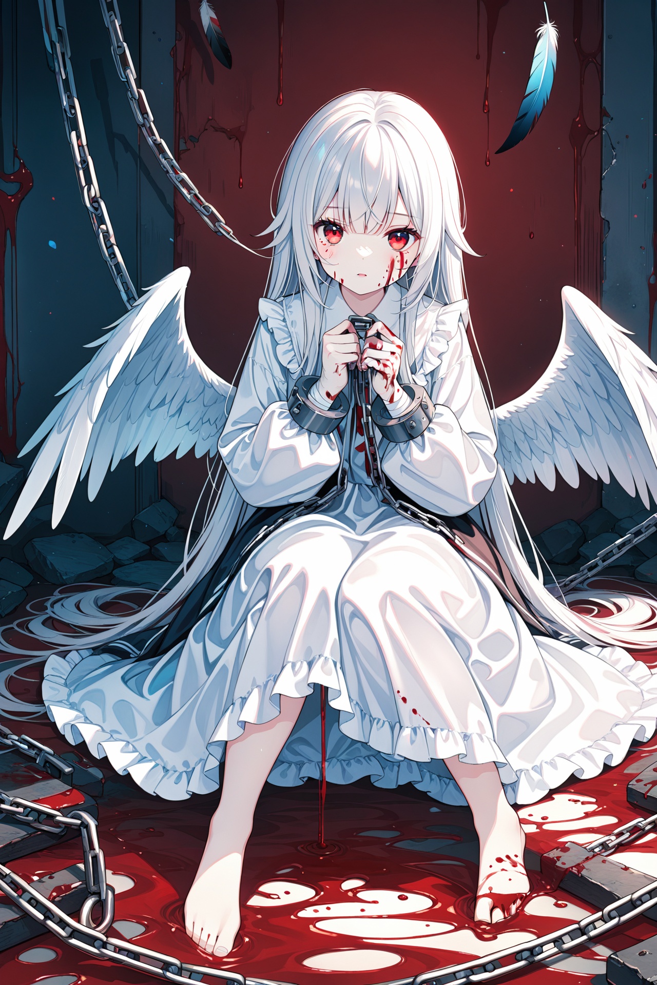 (masterpiece),(best quality),illustration,ultra detailed,hdr,Depth of field,(colorful),1girl,solo,wings,blood,long hair,sitting,chain,red eyes,blood on hands,feathered wings,barefoot,blood on face,blood from eyes,dress,long sleeves,cuffs,feathers,frills,looking at viewer,very long hair,white wings,bandages,shackles,bangs,