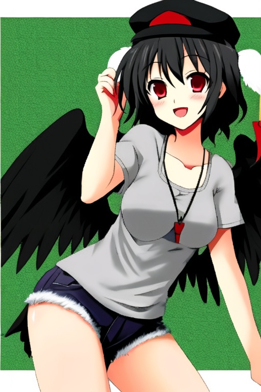 shameimaru aya,1girl,hat,solo,wings,red eyes,black hair,smile,open mouth,<lora:aya5:1>,pom pom \(clothes\),(casual:1.3),