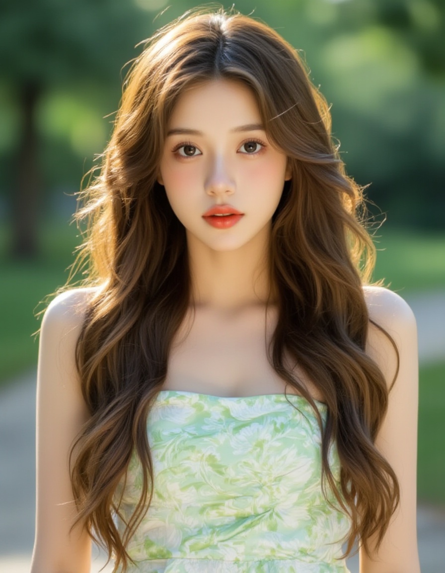 <lora:发丝发光:1>，The image is a portrait of a young woman with long, wavy hair. She is wearing a strapless dress with a green and white floral pattern. Her hair is styled in loose waves and falls over her shoulders. She has a serious expression on her face and is looking directly at the camera. The background is blurred, but it appears to be an outdoor setting with trees and greenery. The lighting is soft and natural, creating a dreamy and ethereal atmosphere..The light came from behind her, through her hair, and it looked as if it was glowing.