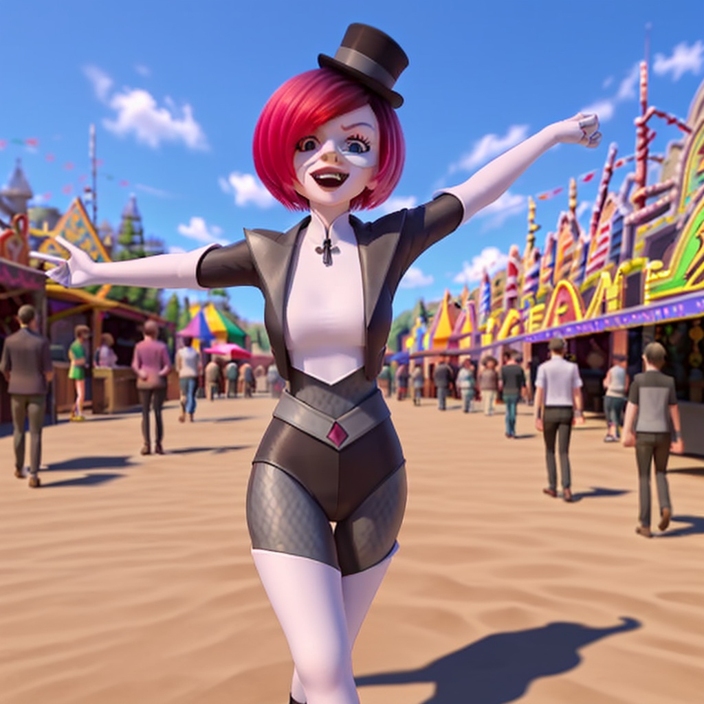 qijimiss(IP), kwamiss, 3D rendering, European and American cartoon style, kwamiss walking forward, body facing the audience, half body, arms out0.6etched, mouth open and smiling, single focus, daytime, blue sky, multiple people Road, road with a lot of sand, outdoor amusement park scene, <lora:kwamiss v1-000016:0.6>