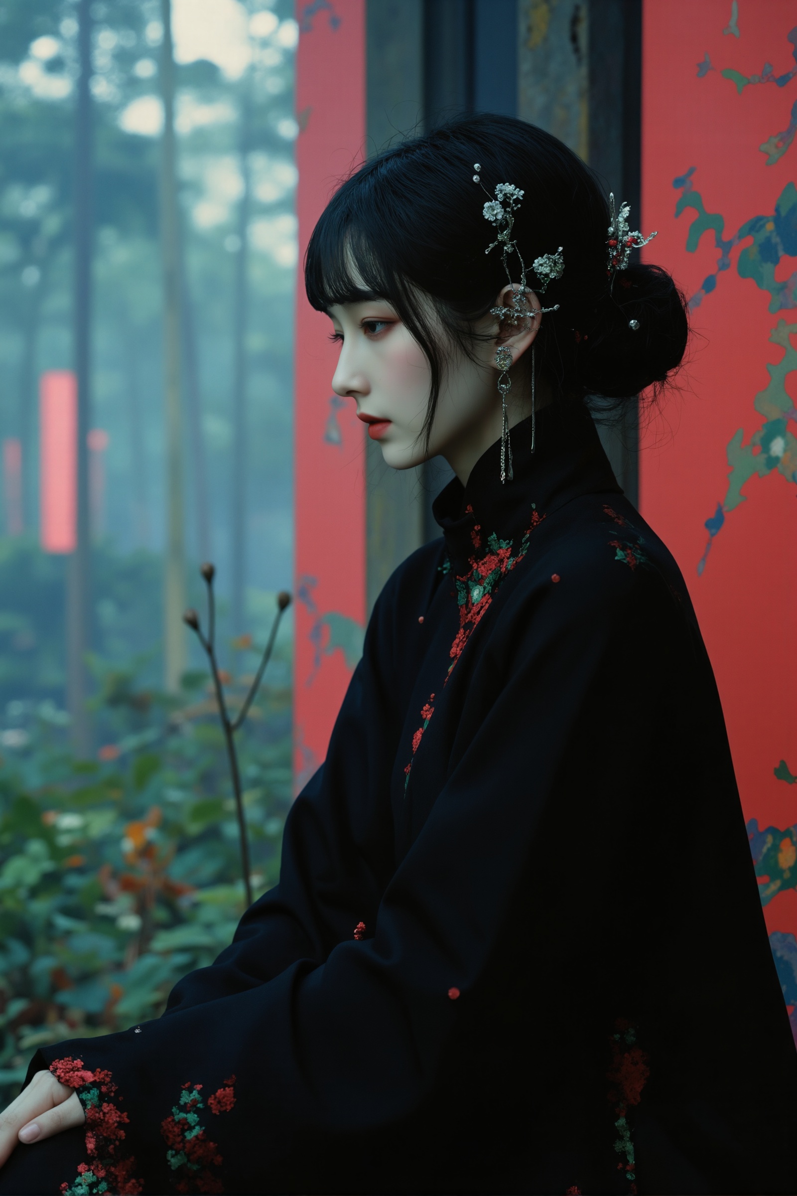 DFM,<lora:Fulan_dongfangmeng_Merjic_F.1:0.75>,Photography,Cinematic lighting, fine art photography,Dreamcore,Mysticism,fantasy and surrealism,psychic,Wong Kar-wai-style movie stills,Woman contemplative facing camera, Medium shot,Depth of field, background blur,This artworkevokes themes often associated with East Asian culture combined with elements reminiscent of fantasy literature and film genres,8K Resolution,Perfect Detail,HD Detail,Ultra High Resolution,