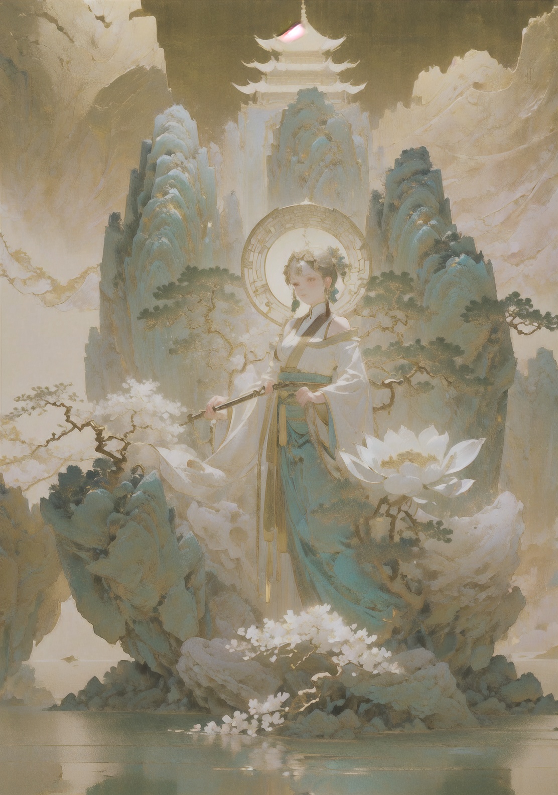 Foshan,  fo hills,  ethereal sceneserene landscapeinfinite peacetranquilityone Daoist monkone laypersontwo dancing girlsfl...