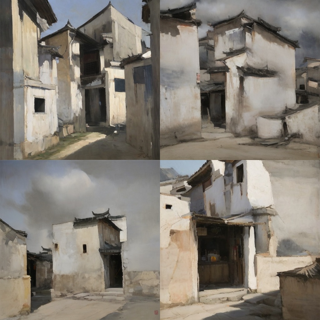 jxpMX,JxpFJ、xpFJ， Oil painting brushstrokes, oil painting landscapes, unmanned landscapes, high saturation, USM sharpening (high-definition), (realistic), artist, landscape collection, representative works,Villages, streets, alleys with Chinese Huizhou architectural style, high-definition details such as white grey walls, stone walls, horsehead walls, and wooden lattice windows are fascinating. Clouds, vicissitudes, mountain temples, village houses, and markets are intertwined in chaos, desolation, irregularity, asymmetry, unity, peace, and healing,Advanced, gray, Morandi, low purity cold and warm color gamut comparison and blending, color block strokes,,<lora:5d4efeb3a0c2faf41a5a759ae07f9142d6ee23179ed8b73fdf2799ed1d1f0a4e:0.35>,jxpMX,<lora:41ccccf16eb804a3cffa32b5398c8990dc351c0e9d13ace1652cfaacaeb10bdb:0.35>,<lora:e8cee2fa0d49522de38b98a84d6719434fcf1846a124b68f678ae453a18d9440:0.35>,jxpWYFJ,<lora:2c7994b1b136b6d3306877a2cd327e9d417b72b0dbaf18eef3004e6cafea4674:0.25>,oil painting,thick brushstrokes, and thick paint style,,<lora:0eb8478c1228183f54c67f455ea5fa8e4885275f9fc5b6d49c0c39e190956d39:0.25>,hesizairenjian, xingzijue, shandian,<lora:bdc99ebb33c3968accc5c8dad257297d2bc6a128a62cea45f053bb574d5aaf30:0.35>