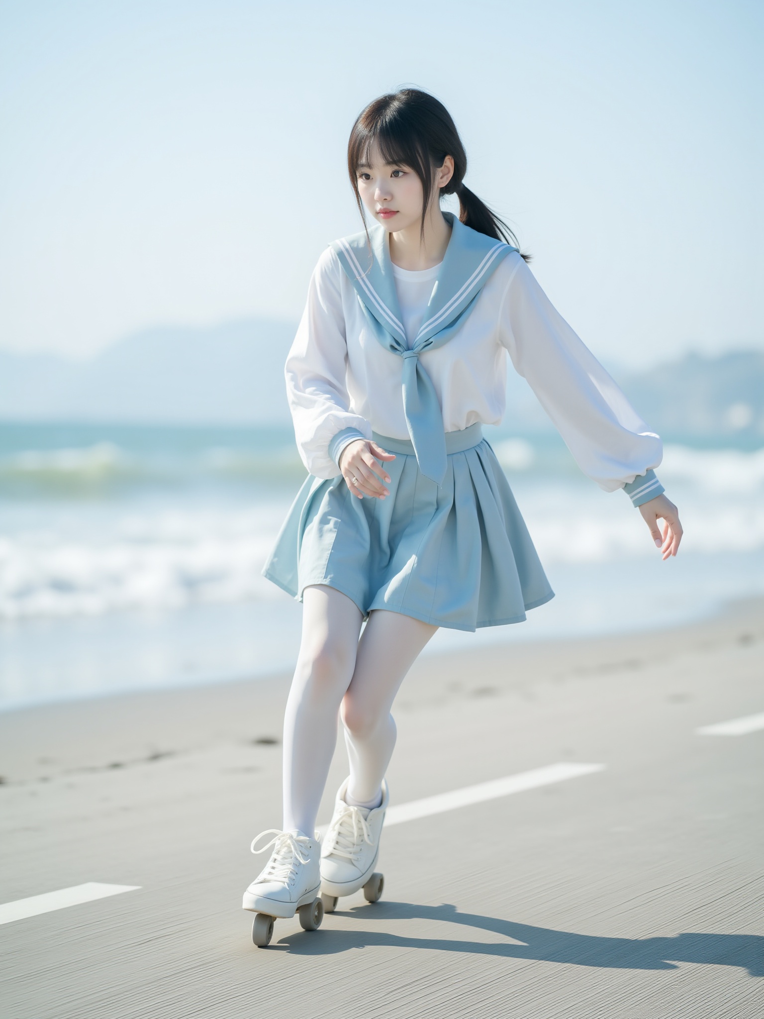Real photography, high quality, masterpiece, a girl, light makeup, hair tied, dressed jk sailor suit, white shirt, light blue tie, light blue pleated skirt, white silk Pantyhose and sneakers, she is skating quickly on the beach road, looking towards the camera. Sliding over quickly, blurry dynamics, professional composition, and realistic light and shadow effects<lora:小红书顶流嫩妹脸模FLUX:1>