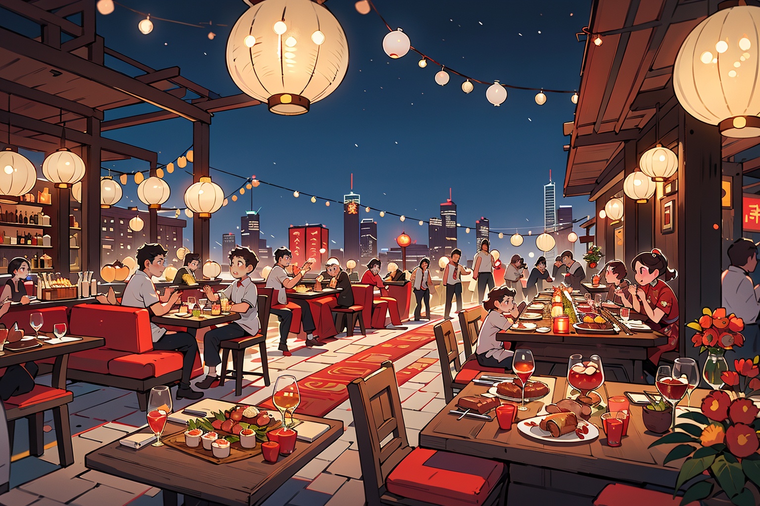 bar,sky bar,<lora:20240119-1705647975052:0.7>,8K,best qualtiy,masterpiece,architecture,city,city lights,cityscape,outdoors,real world location,rooftop,scenery,sky,skyscraper,sunset,building,night,bar counter,cup,the bar on the rooftop,<lora:20240110-1704871613827:0.5>,chunjie,oriental architecture,illustration,New Year,reunion dinner,lanterns,