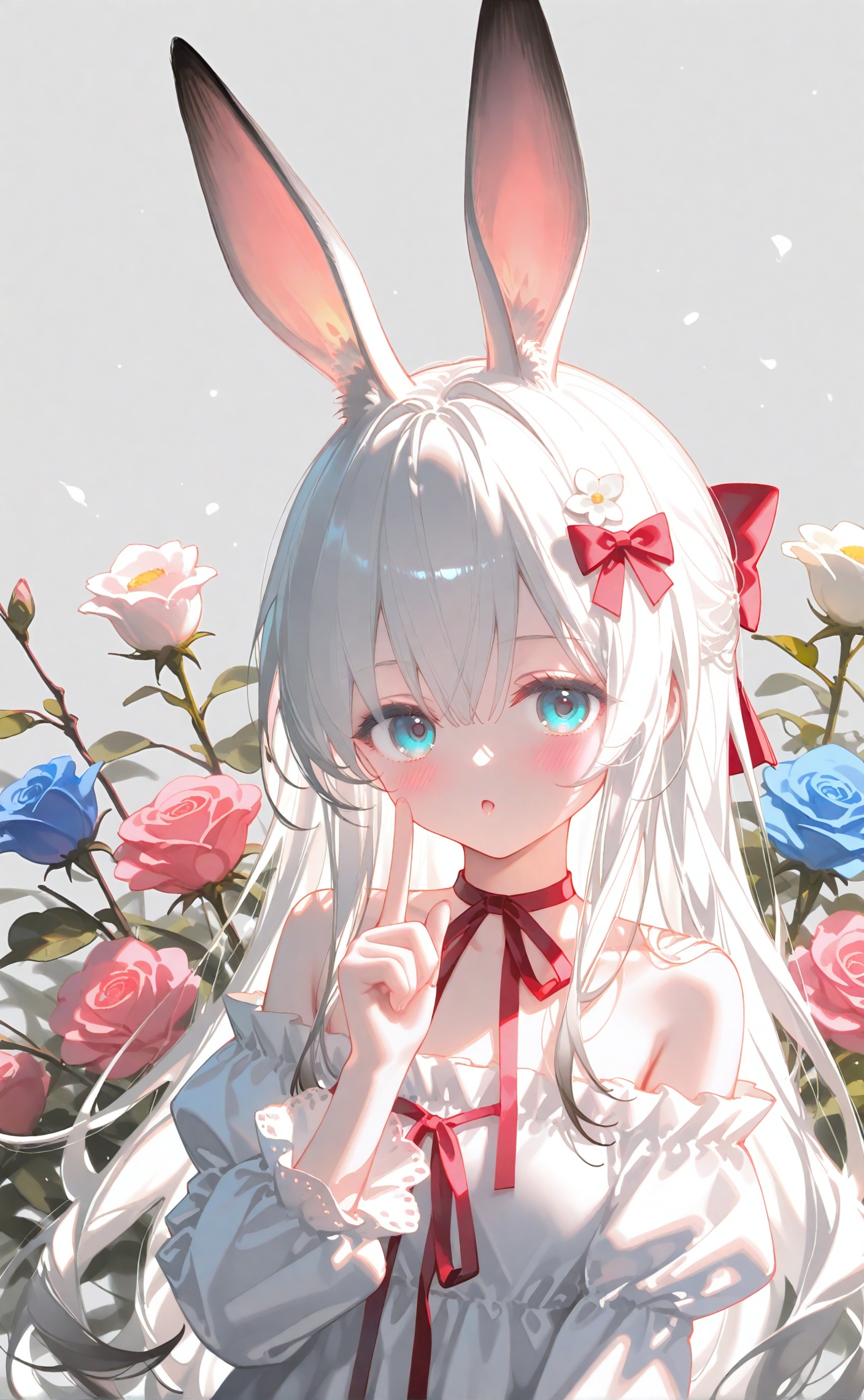 masterpiece,best quality,high quality,loli,chromatic_aberration,Blue Theme, //, 1girl, solo, looking at viewer, bangs, blue eyes, hair ornament, dress, bow, ribbon, holding, bare shoulders, closed mouth, flower, hair bow, grey hair, hair flower, white dress, rose, drill hair, pink flower, branch, holding flower //, artist:konya_karasue, artist:ciloranko, , artist:tianliang_duohe_fangdongye, artist:toosaka_asagi, //, 1girl, animal ears, solo, dress, rabbit ears, ribbon, long hair, flower, white dress, hair flower, white hair, looking at viewer, hair ornament, long sleeves, red ribbon, white background, hair between eyes, off shoulder, white flower, blue eyes, puffy sleeves, collarbone, frills, white theme, hair ribbon, arm up, frilled dress, rabbit girl, parted lips, simple background, index finger raised, pink ribbon, upper body, very long hair, off-shoulder dress, breasts, animal ear fluff, juliet sleeves, neck ribbon, blush, aqua eyes, bare shoulders, green eyes, pointing, expressionless, medium breasts, pointing up, :o, floral background, closed mouth, hand up, grey eyes, blue flower