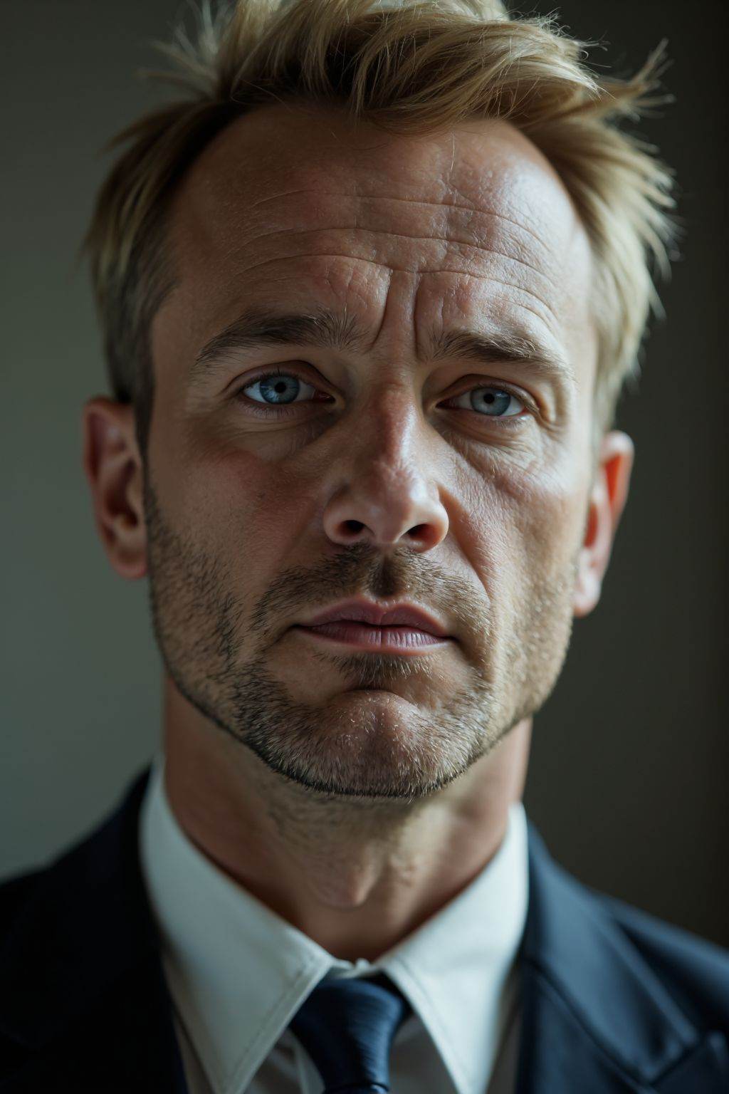 HDR photo of cinematic film still, This is a photo of a man with short blond hair. He is wearing a suit, with his mouth closed, looking at the viewer.