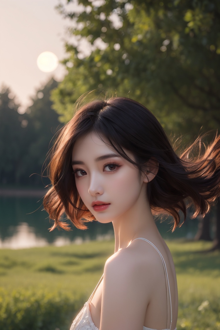 bdress,1girl\(Eyes\(Deep amber,crystal clear,long and delicate eyelashes\),Nose\(Elevated,a slightly upturned nose tip\),Lips\(Rosy color,defined lip line\),Hairstyle\(Black hair,smooth and shiny,slightly wavy at the ends\),Skin\(Fair,blemish-free,as delicate as porcelain\),Posture\(walking confidently and gracefully,light and graceful gait\),(look at viewer,floating hair,outdoor,upper body):1.53\),Background\((full moon,grassland,sky,forest,lake):1.5\),masterpiece,best quality,unreal engine 5 rendering,movie light,movie lens,movie special effects,detailed details,HDR,UHD,8K,CG wallpaper,