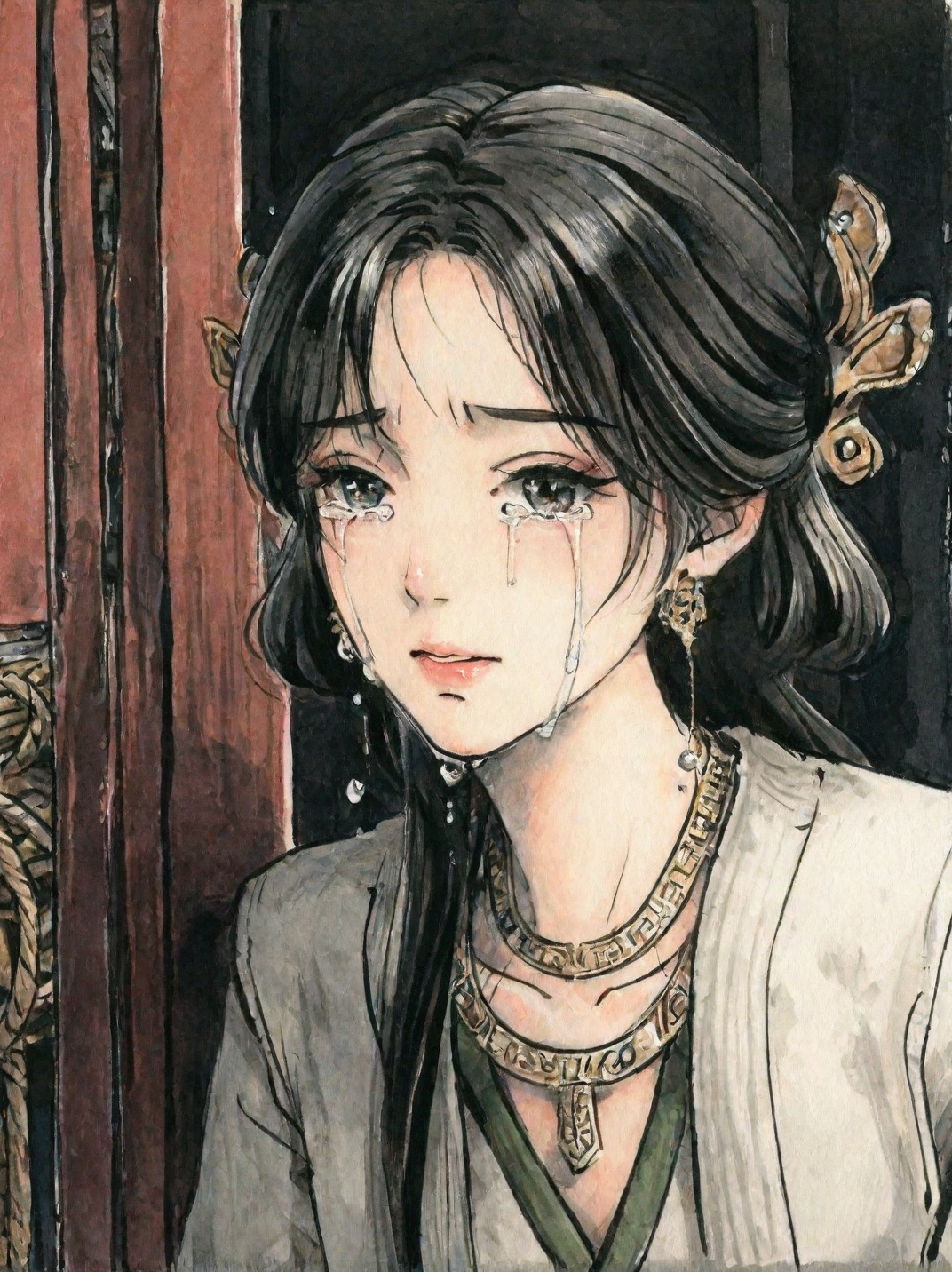 ((very awa)),solo,highly detailed,(best quality),((masterpiece)),1girl,chi,<lora:鸽正则nbXL:0.2>,ge,<lora:chi正则100nbXL:0.8>,traditional media,painting \(medium\),watercolor \(medium\),looking_at_viewer,<lora:梅凝nbXL:0.8>,meining,jewelry,hair ornament,black hair,necklace,long hair,earrings,rope,crying,tears,