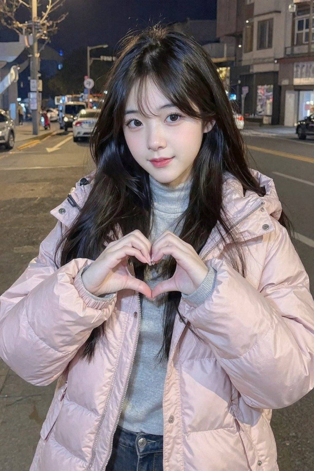 A young Asian woman with long black hair,  wearing a pink puffer jacket,  stands on a street at night by 天TIN on Tensor.Art