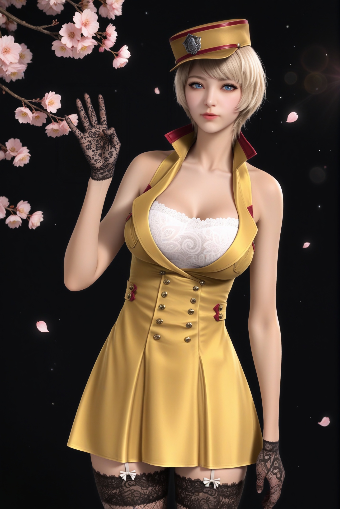 masterpiece,best quality,absurdres,highres,<lora:潜-灵狐-ill:0.8>,1girl,solo,blonde hair,short hair,blue eyes,(bright_pupils:1.1),(blue_pupils:1.1),halter dress,white bra,lace bra,high collar,bare shoulders,military hat,lace-trimmed legwear,fishnet thighhighs,garter straps,black gloves,lace gloves,collarbone,large breasts,cleavage,looking at viewer,(front view),(ok_sign),BREAK(white_skin:1.1),(fair_skin:1.1),realistic,twig,branch,falling petals,simple background,black background,rim light,Volumetric Lighting,lens flare,Tyndall effect,depth of field,bokeh,sparkle,