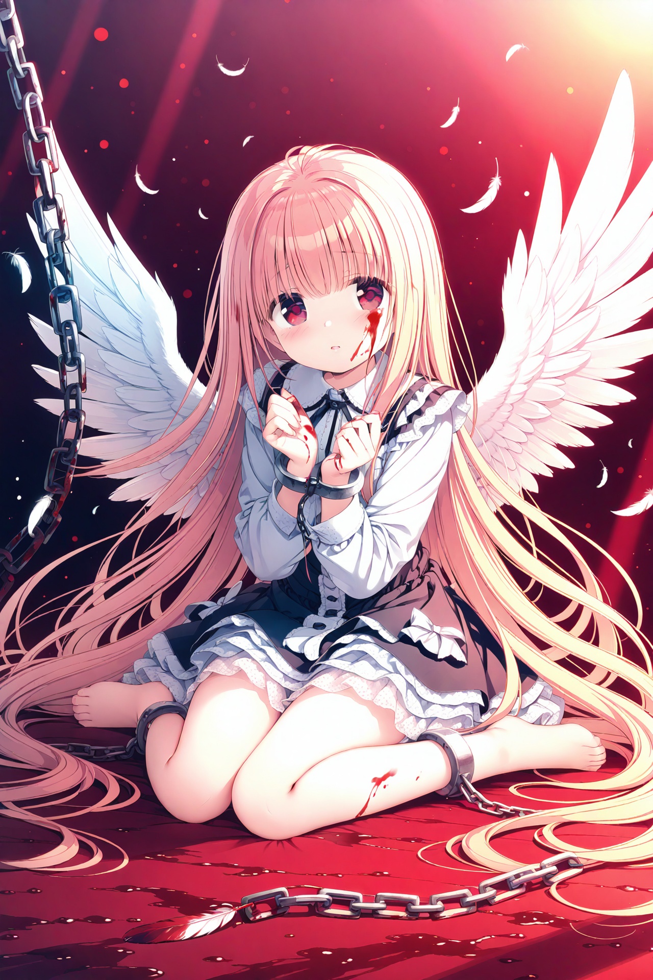 (masterpiece),(best quality),illustration,ultra detailed,hdr,Depth of field,(colorful),loli,1girl,solo,wings,blood,long hair,sitting,chain,red eyes,blood on hands,feathered wings,barefoot,blood on face,blood from eyes,dress,long sleeves,cuffs,feathers,frills,looking at viewer,very long hair,white wings,bandages,shackles,bangs,