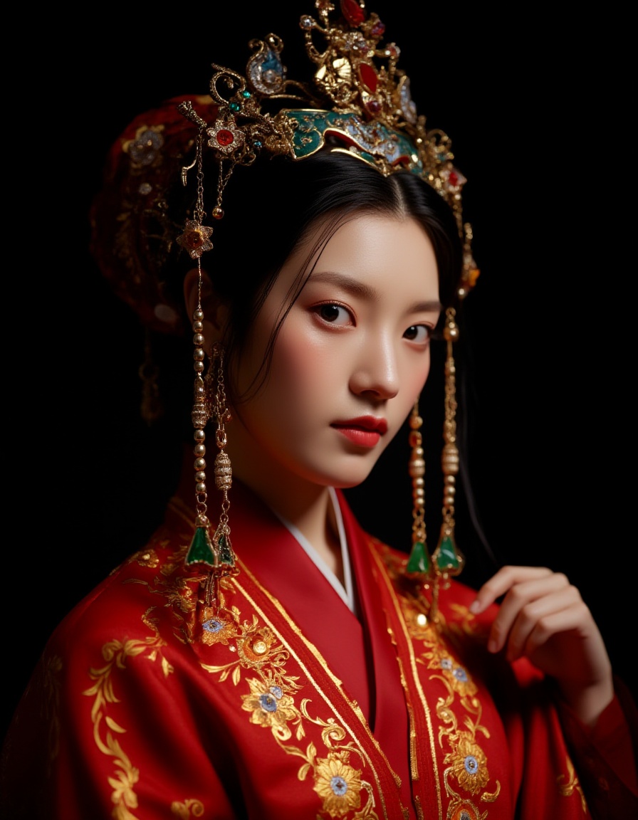 The image depicts a beautifully dressed figure adorned in traditional attire,likely from an East Asian culture. The individual is wearing a richly embroidered red robe with intricate golden patterns,suggesting a high status or ceremonial role. The person's headdress is elaborate,featuring gold and jewels,with long,dangling strands of beads or silk adding to the opulence. The earrings are large and ornate,with green and red elements,complementing the overall regal appearance. The background is dark,which contrasts with the bright,detailed clothing and headdress,drawing attention to the figure's elegant and majestic presence.,