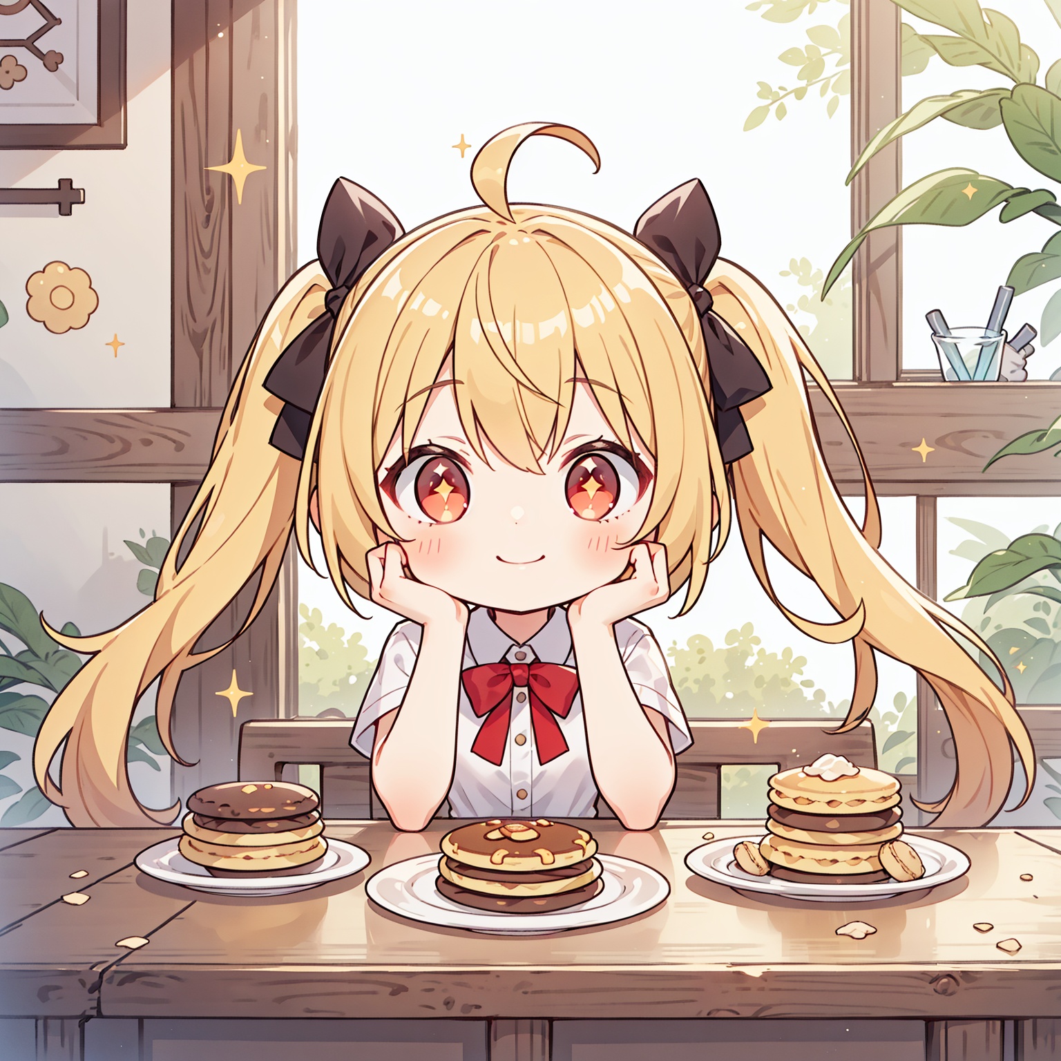 1girl,sitting,hands on face,(elbow on the table),table,pupils sparkling,smiling,depth of field,wind,floating,hair,shirt,upper_body,ahoge,bow,hair ribbon,yellow hair,red eyes,twintails,bangs,glass of drink,cookies, macarons,indoors,pancake, dishes