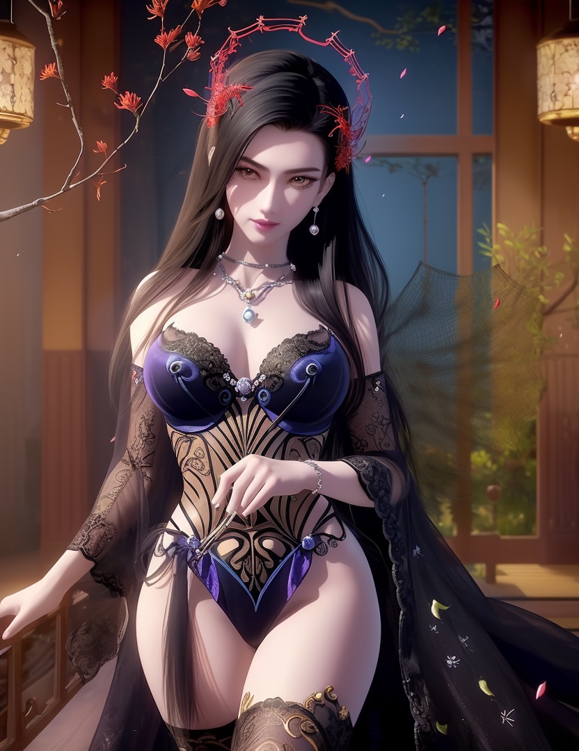 ultra realistic 8k cg, picture-perfect face, flawless, clean, masterpiece, professional artwork, famous artwork, cinematic lighting, cinematic bloom, perfect face, beautiful face, fantasy, dreamlike, unreal, science fiction,  beautiful clothes, lace, lace trim, lace-trimmed legwear,  (rich:1.4), prestige, luxury, jewelry, diamond, gold, pearl, gem, sapphire, ruby, emerald, intricate detail, delicate pattern, charming, alluring, seductive, erotic, enchanting, hair ornament, necklace, earrings, bracelet, armlet,halo((,1girl, pov,))(((,spider lily, branch, 1girl, tree,, solo, petals, black_hair, dress,looking at viewer, ))) <lora:DA_CaoNvYao:0.6>