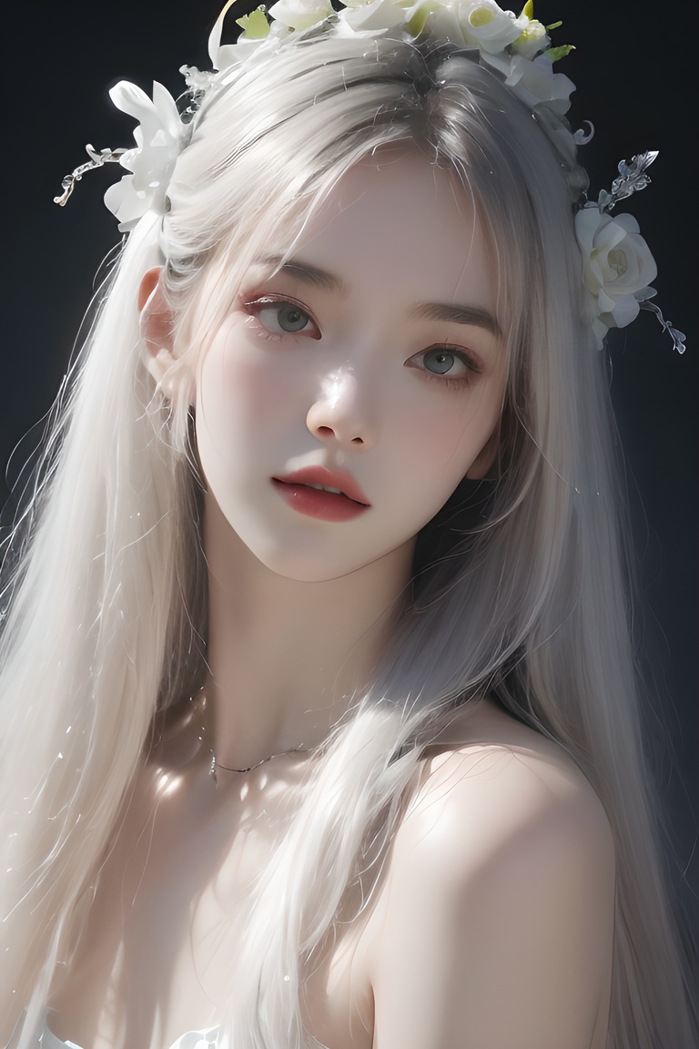 1girl, white_flower, flower, solo, long_hair, upper_body, looking_at_viewer, hair_ornament, breasts, bare_shoulders, necklace, parted_lips, lips, white_hair, snowflakes, medium_breasts, beautiful girl, <lora:anime-girl_gf33:0.69>, <lora:meinv123:0.2>