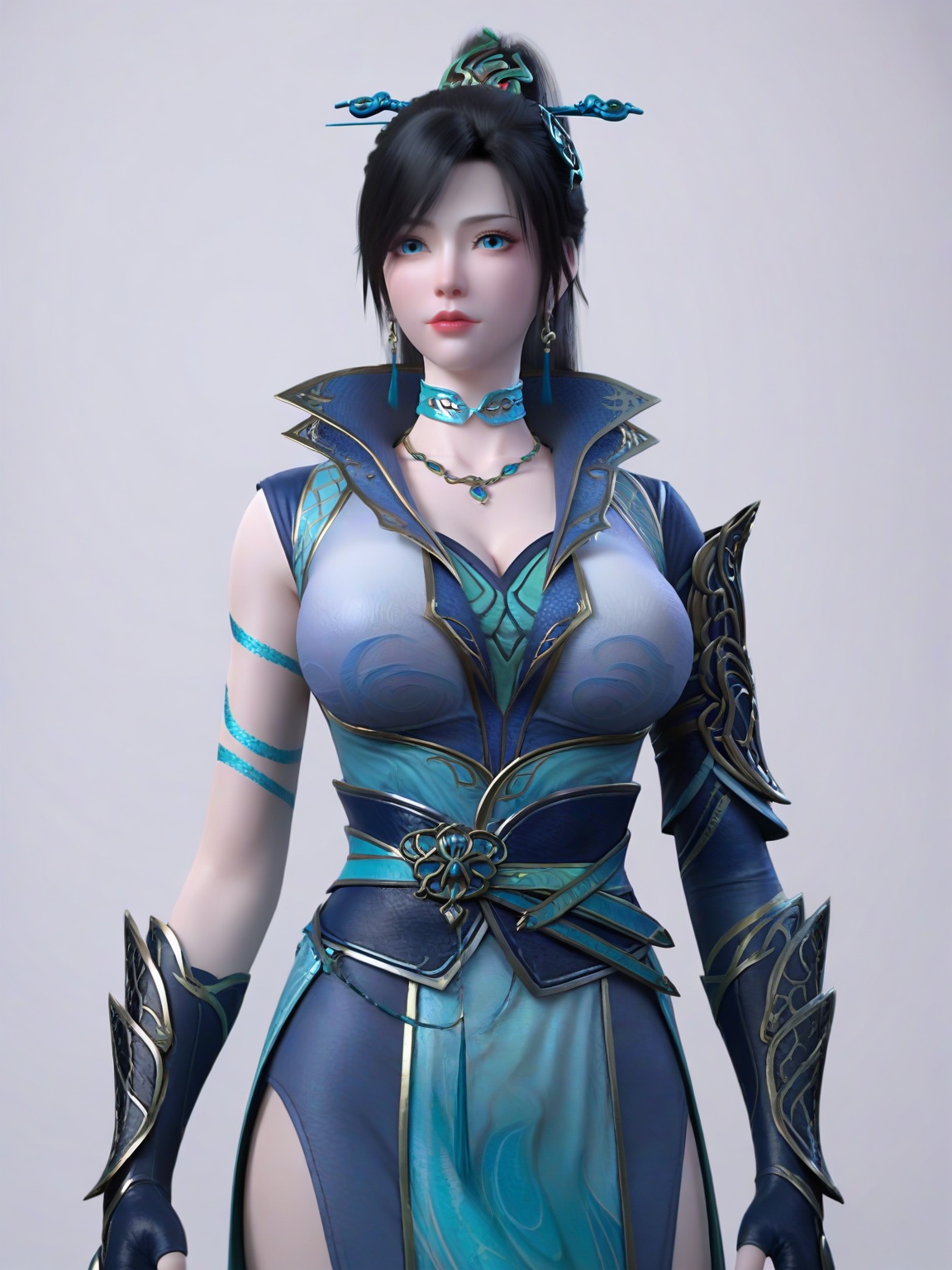 score_9,1girl,solo,dress,earrings,hair ornament,black hair, large breasts,long hair,blue eyes,standing,lipstick,cowboy shot,fingerless gloves,looking at viewer,white background,simple background,<lora:SF_QingLin_Pony_Realism2.3:0.7>,
