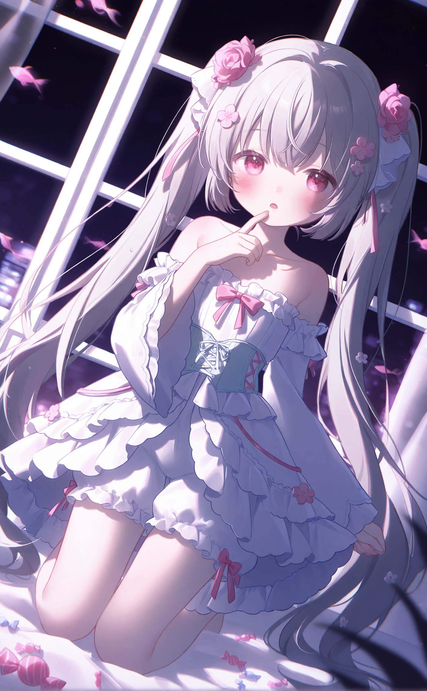 masterpiece,very aware,highres,absurdres,newest,best quality,loli,petite,high quality,chromatic_aberration,cinematic_angle,dutch angle,night,//,umehara,konya666,//,,loli,1girl,solo,long hair,kneeling,fish,hair ornament,looking at viewer,dress,food,very long hair,twintails,candy,flower,hair flower,pink eyes,finger to mouth,bare shoulders,ribbon,red eyes,frills,blush,un,derwear,grey hair,window,bloomers,corset,purple eyes,collarbone,lolita fashion,strapless,detached sleeves,wide sleeves,open mouth,