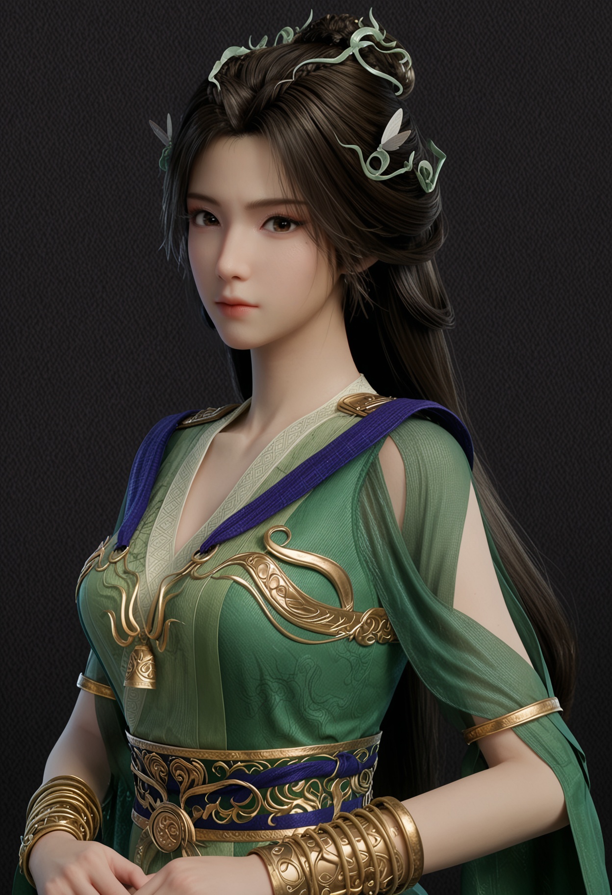 score_9,looking_at_viewer,upper body,(large breasts:0.8),hanyunzhi,1girl,solo,black hair,long hair,hair ornament,green dress,realistic,dress,closed mouth,jewelry,bracelet,chinese clothes,sash,brown eyes,hair bun,boots,(simple background,pure black background,black background:1.1),perfect_anatomy,<lora:QQSponyhanyunzhiV1:0.8>,