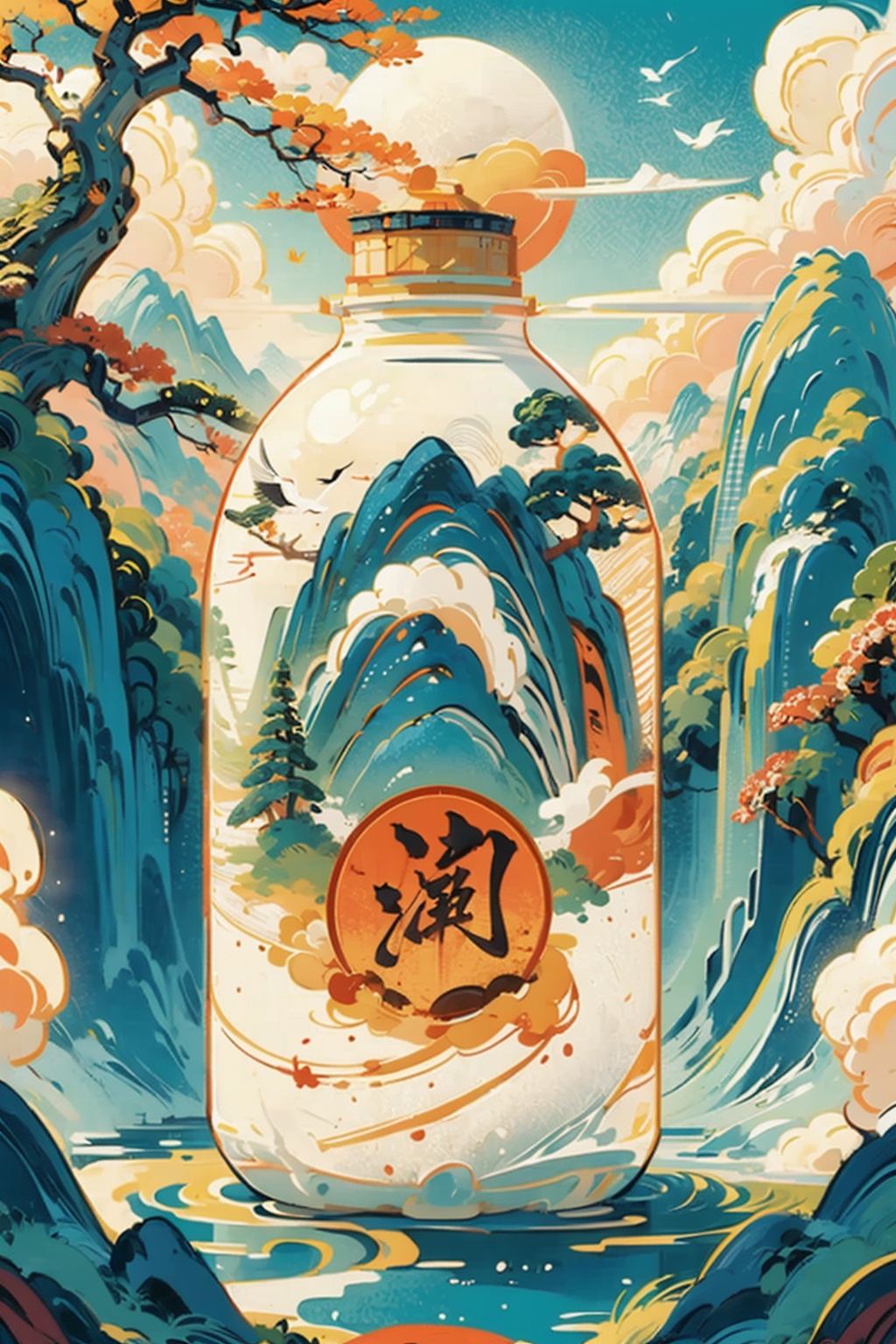 ((masterpiece)), best quality, perfect anatomy,8K wallpaper,mChinaChic, crane \(animal\), sun, no humans, east asian architecture on moutain, mountain, cloud, waves, tree, water, sky, fall, smoke, building, chinese liquor, wine bottle, bottle focus, chinese text on bottle<lora:mChinaChic_v1:0.8>