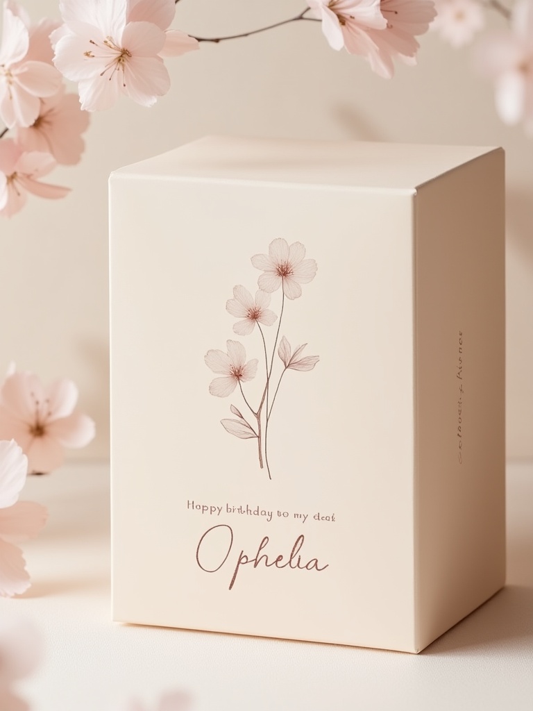 miluo_bzqx, The image is a photograph showcasing a small, rectangular, beige gift box with a smooth, matte finish. The box is positioned slightly off-center to the left, resting on a soft, light-colored fabric background that has a subtle texture, possibly satin or silk. The fabric background features a delicate floral pattern in soft pink and white hues, adding a touch of elegance and femininity to the scene.The gift box itself is adorned with a minimalist, hand-drawn botanical illustration in a light, almost invisible ink style. The illustration features a single stem with two blossoms, each with five petals, and a few leaves, all rendered in a delicate, fine line that adds a touch of sophistication and simplicity to the box.The text "Happy Birthday to my dear Ophelia" is embossed in a cursive font on the lower portion of the box, just below the botanical illustration. The text is in a matching light beige color, blending seamlessly with the box's color. The overall aesthetic of the image is soft, serene, and romantic, with a focus on delicate details and a pastel color palette. The photograph captures a moment of thoughtful gift-giving, emphasizing elegance and personal touch.<lora:miluo丨包装设计-小清新-flux-1.3:1>