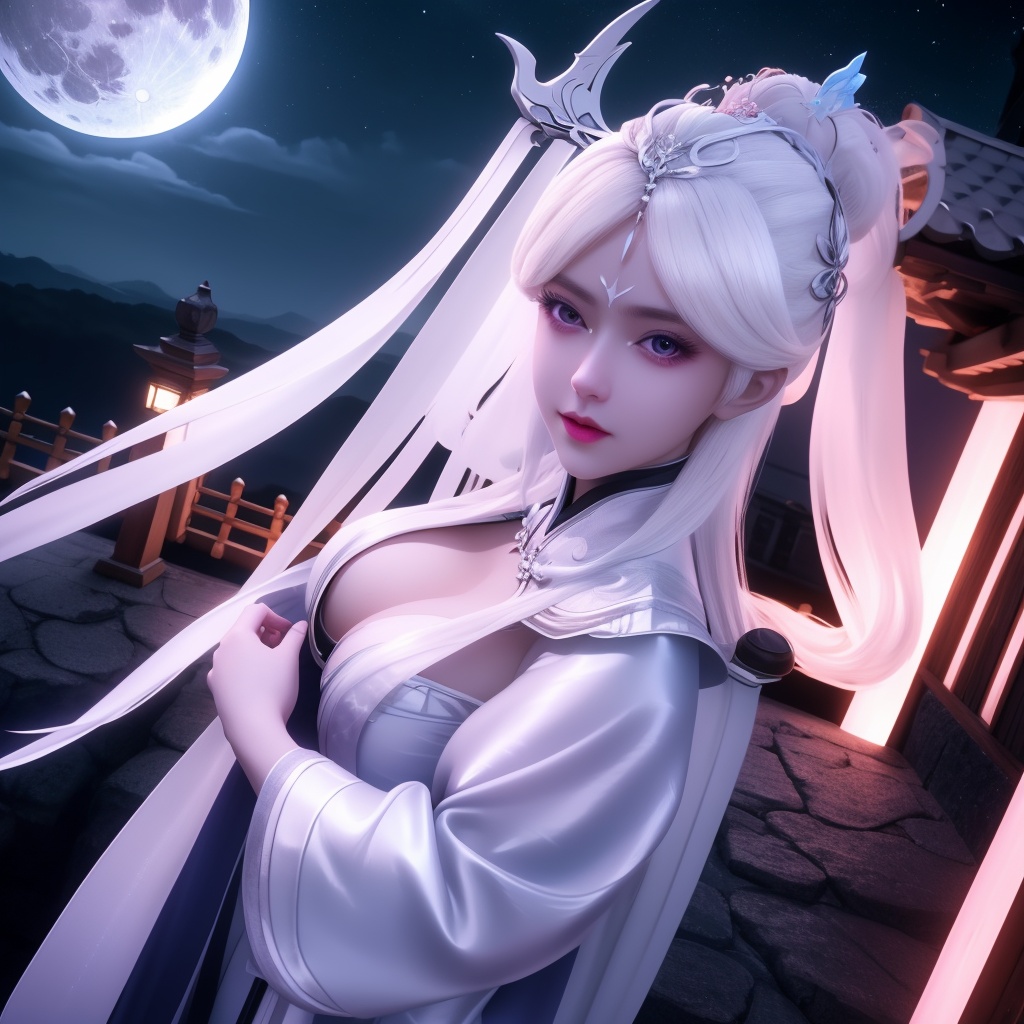 <lora:741-DA-万界独尊-杨天雪:0.8>, (,1girl, ,best quality, ),looking at viewer,  ,ultra detailed background,ultra detailed background,ultra realistic 8k cg,, ,masterpiece, (( , )),, ,   ,   cure blossom, full moon,night,night sky,  (cleavage), (), ,,
