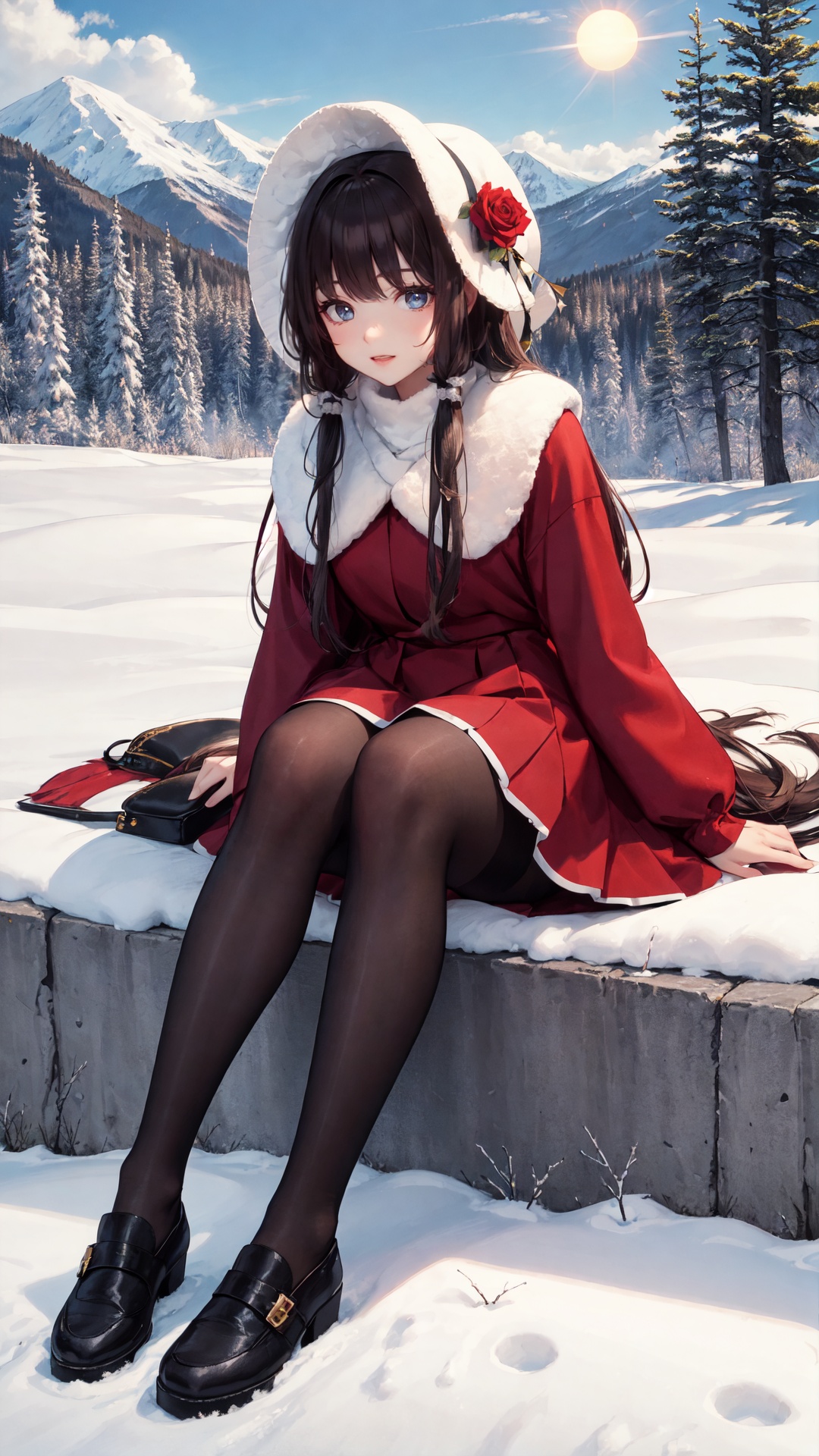 tutututu,black pantyhose,masterpiece,best quality,winter,snow field,1girl,bangs,blue eyes,blunt bangs,bonnet,brown footwear,brown hair,dress,frills,fruit,full body,hat,long hair,long sleeves,looking at viewer,purple dress,red flower,red rose,rose,shoes,sitting,solo,sky,sun,mountain,forest,lake,<lora:merged_0024:0.65>,