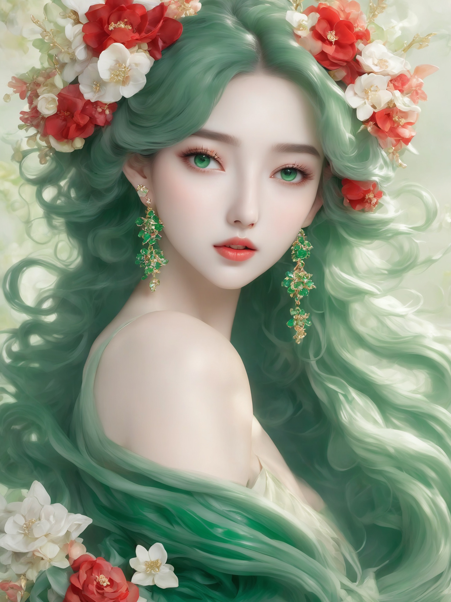 <lora:yudiao_xl-000001:0.7>,yudiao,1girl,solo,earrings,breasts,jewelry,flower,hair flower,hair ornament,long hair,green hair,bare shoulders,upper body,cleavage,green theme,dress,green dress,green eyes,red lips,medium breasts,collarbone,lips,makeup,