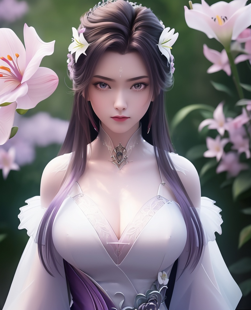<lora:706-DA-诛仙-陆雪琪-新装束:0.8>(,1girl, ,best quality, ),looking at viewer,  ,ultra detailed 8k cg,ultra detailed background,ultra realistic 8k cg,1girl, solo,(bare shoulders:0.85),(masterpiece, best quality),((oil painting style)),sexy young lady,(beautiful face and eyes),(upper body:1.5),(whole body:1.05),(single person:1.2),surrounded by flowers, (lily), roses, floret, vegetation, white, purple, purplish pink,Impressionism,colorful,(Breast size:1.3),(cleavage),
