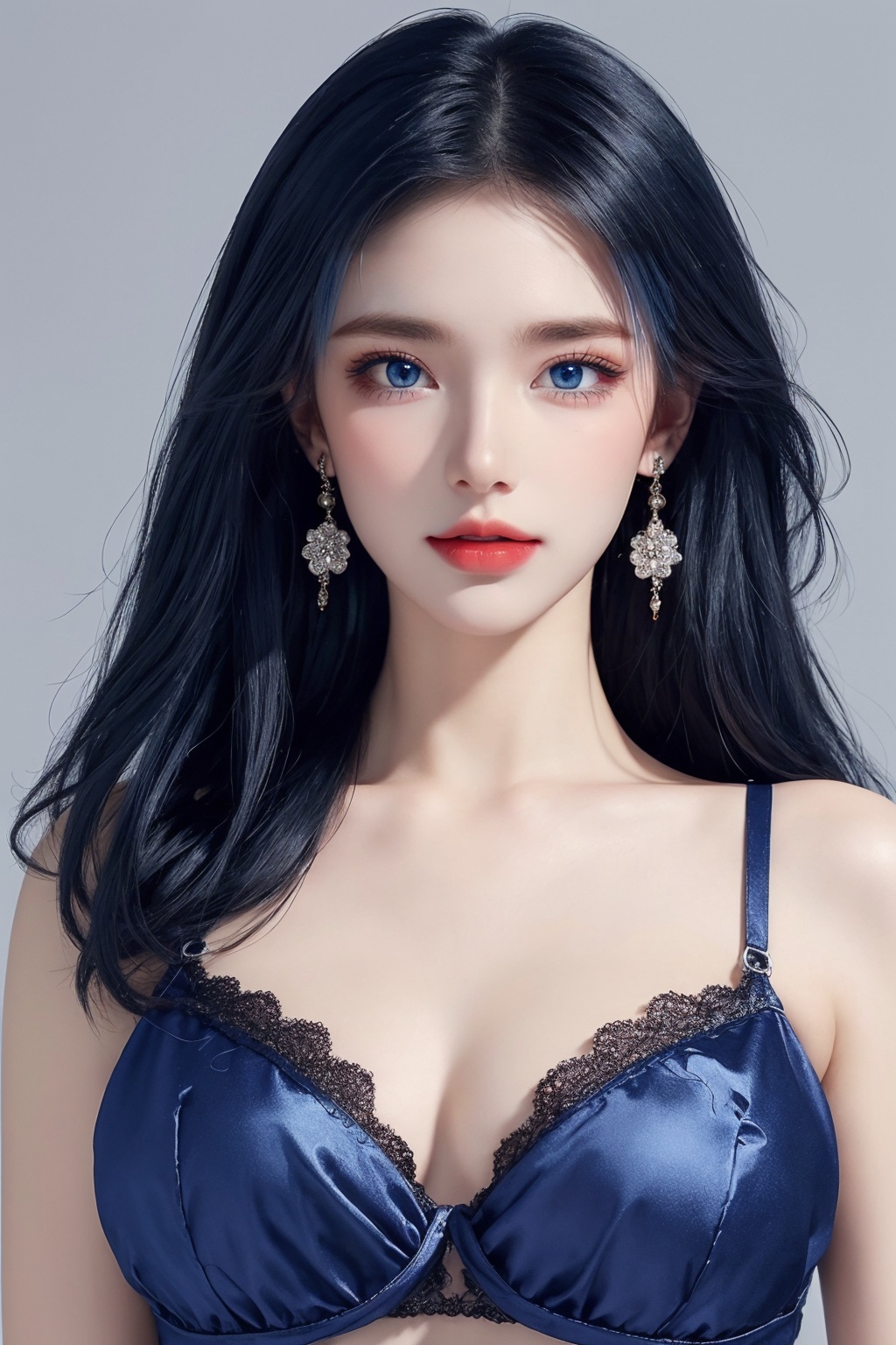 1girl, blue eyes, blue hair, bra, breasts, cleavage, collarbone, earrings, floral print, grey background, jewelry, lace, lace-trimmed bra, lace bra, lace trim, large breasts, long hair, looking at viewer, solo, underwear, upper body ,(blue eyes and blue hair beauty:1.2)  <lora:蓝色:1>