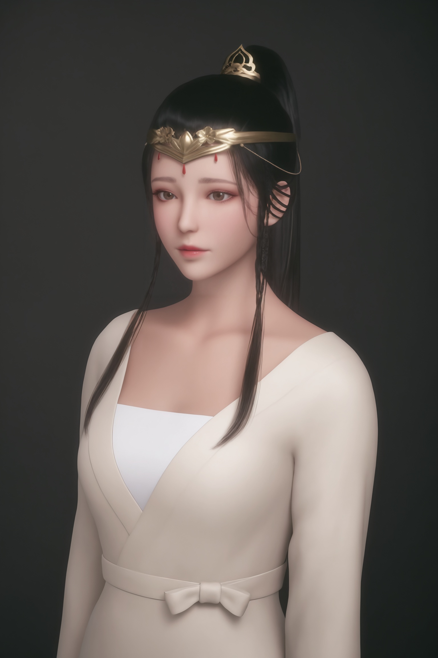breasts,black background,simple background,photorealistic,1girl,beautiful_detailed_eyes,masterpiece,best quality,cinematic lighting,ethereal,standing,looking at viewer,<lora:武神主宰-岳灵珊IL:0.7>,1girl,long,straight black hair,golden tiara,flowing,off-white kimono-style robe,white undergarment visible beneath,cinched at the waist with a sash.V-neck and loose,flowing sleeves,