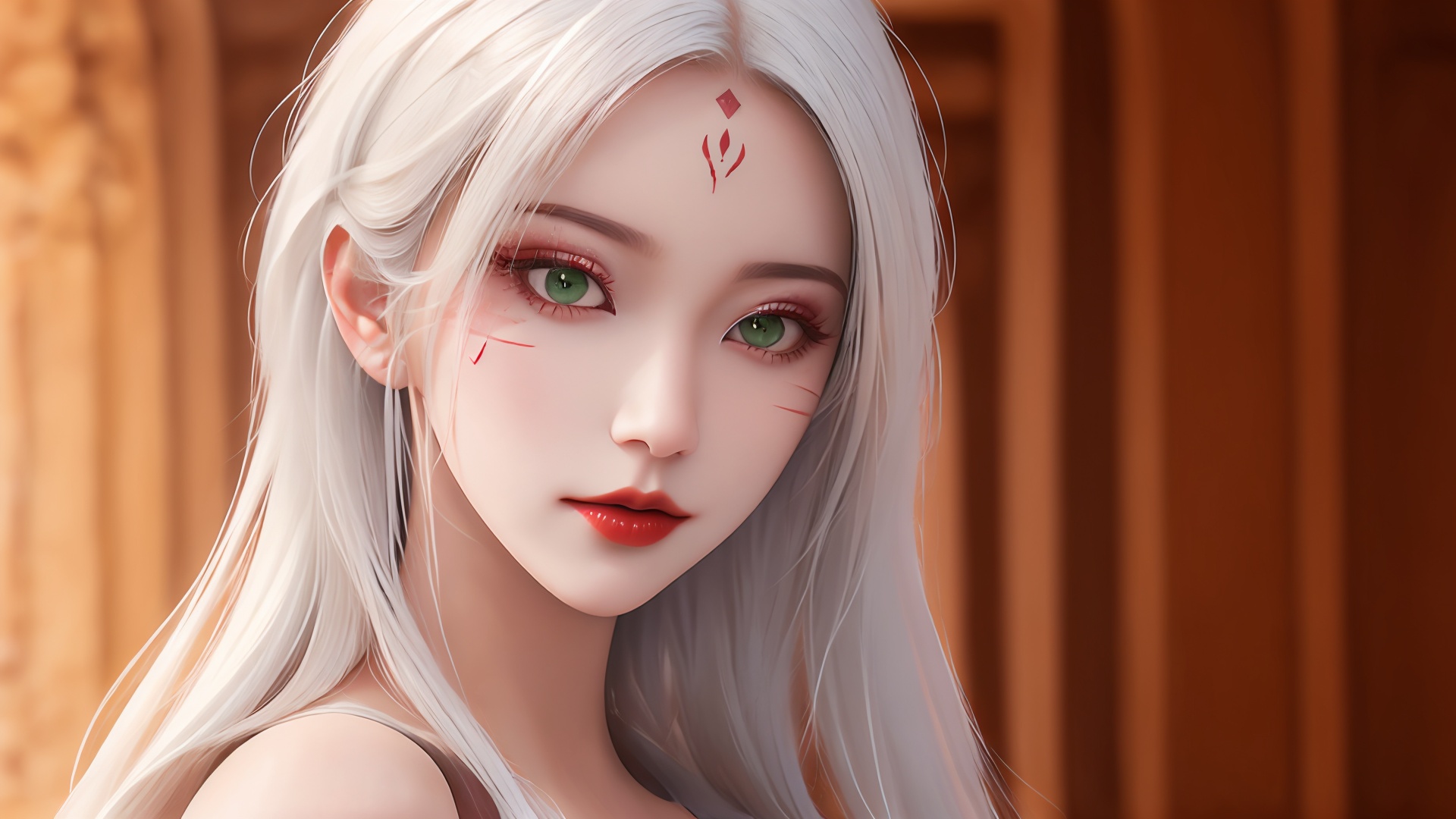 1girl,solo,green eyes,long hair,white hair,looking at viewer,facial mark,lips,blurry background,blurry,portrait,forehead mark,red lips,bare shoulders,closed mouth,makeup,<lora:girl xiaobai_20240912002955:0.8>,