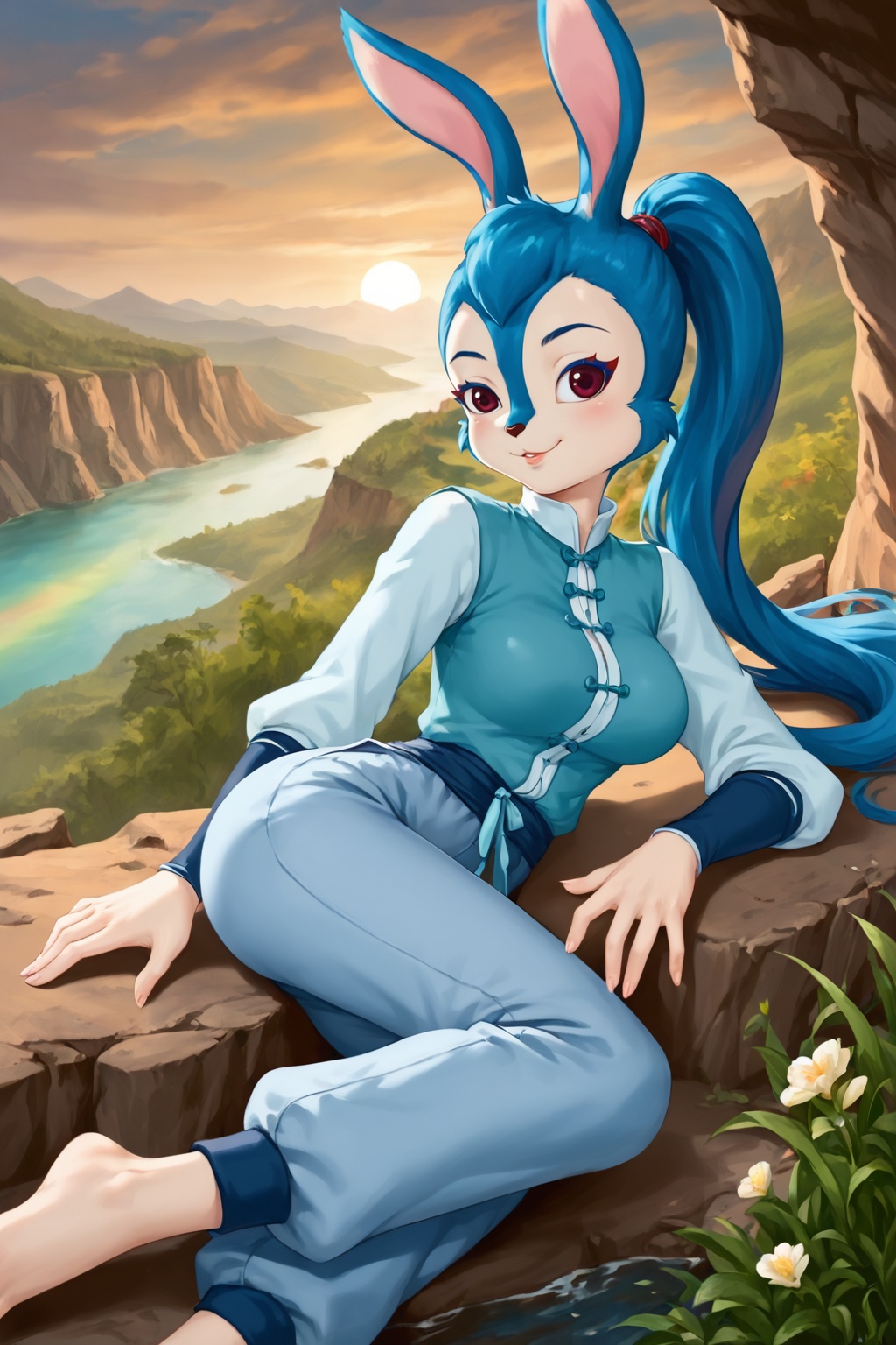 safe_pos,score_9,score_8_up,score_7_up,Lantu,solo,animal ears,furry,1girl,rabbit ears,blue hair,rabbit girl,smile,furry female,medium breasts,chinese clothes,narrow waist,long legs,pants,(lying,on side:1.5),ponytail,looking at viewer,cowboy shot,nice hands,<lora:pony虹猫蓝兔七侠传-蓝兔:1>,(highres, high quality:1.3),intricate details,sharp focus,depth of field,outdoors,on water,outdoors,cliff,plateau,grand_canyon,sunset,floating and long hair,Iridescence and rainbow,dynamic pose,dynamic angle,<lora:add-detail-xl:0.5>,mature female,curvy,shiny skin,oiled skin,Expressiveh,