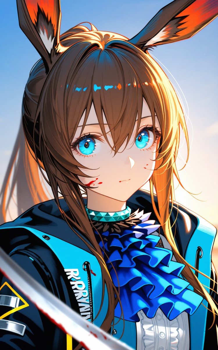 (masterpiece),(best quality),illustration,ultra detailed,hdr,Depth of field,(colorful),(chromatic aberration),1girl, animal ears, amiya (arknights), solo, blue eyes, rabbit ears, long hair, holding, looking at viewer, blood, weapon, blue ascot, upper body, holding weapon, brown hair, ascot, hair between eyes, sword, holding sword, jacket, blood on face, closed mouth, open clothes, sidelocks, open jacket, jewelry, shirt, neck ring, white shirt, black jacket, ponytail, glowing