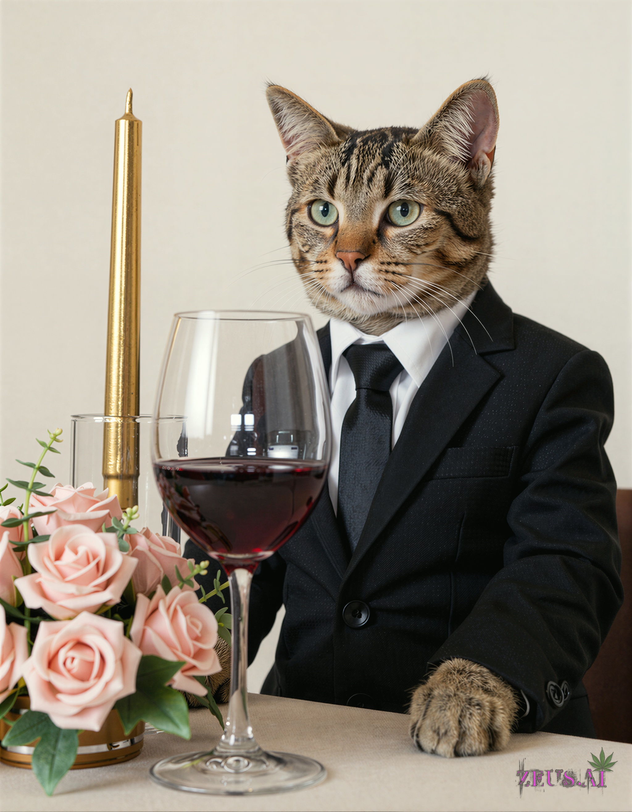Create an image of a dignified tabby cat,  impeccably dressed in a tailored black suit with a crisp white shirt and black...